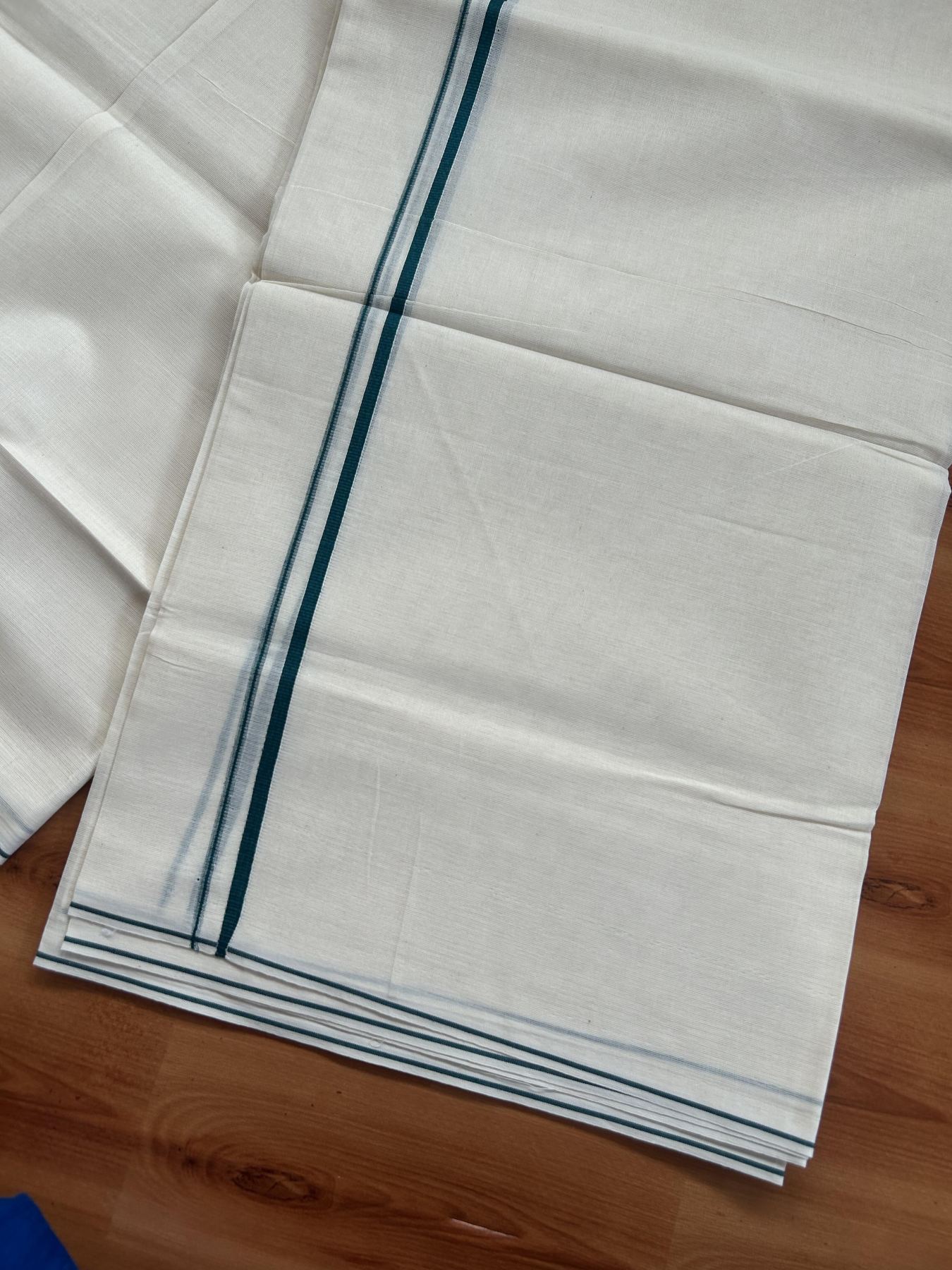 20% Discount! KaithariKada Balaramapuram 100% Cotton Double Off white - (Unbleached) - Mundu/Dhoti-100x80 - 0.3 cm Green Thin Kara 4.07 mtr (8.72 Muzham) - 83 KK5382 VIN