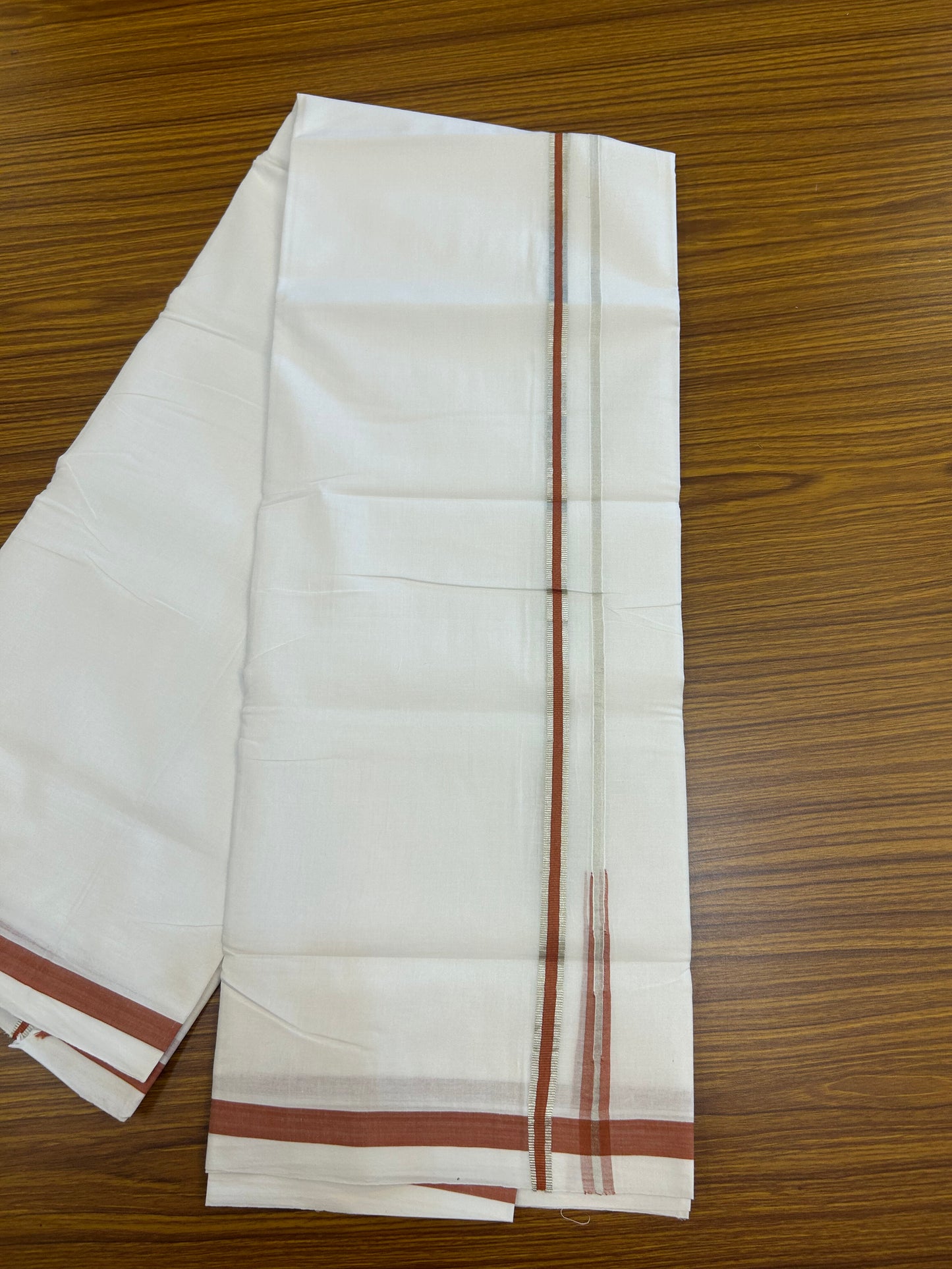 25% Discount ! KaithariKada Handloom Millpaav - Kerala Handloom - 100% Pure Cotton Double Mundu/Dhoti Pure white - 80x90 - 1.5 cm Silver Kasav & Rust Orange Puliyilakkara Chutty 3.80 mtr (8 Muzham) - 22 KK5369 YAR