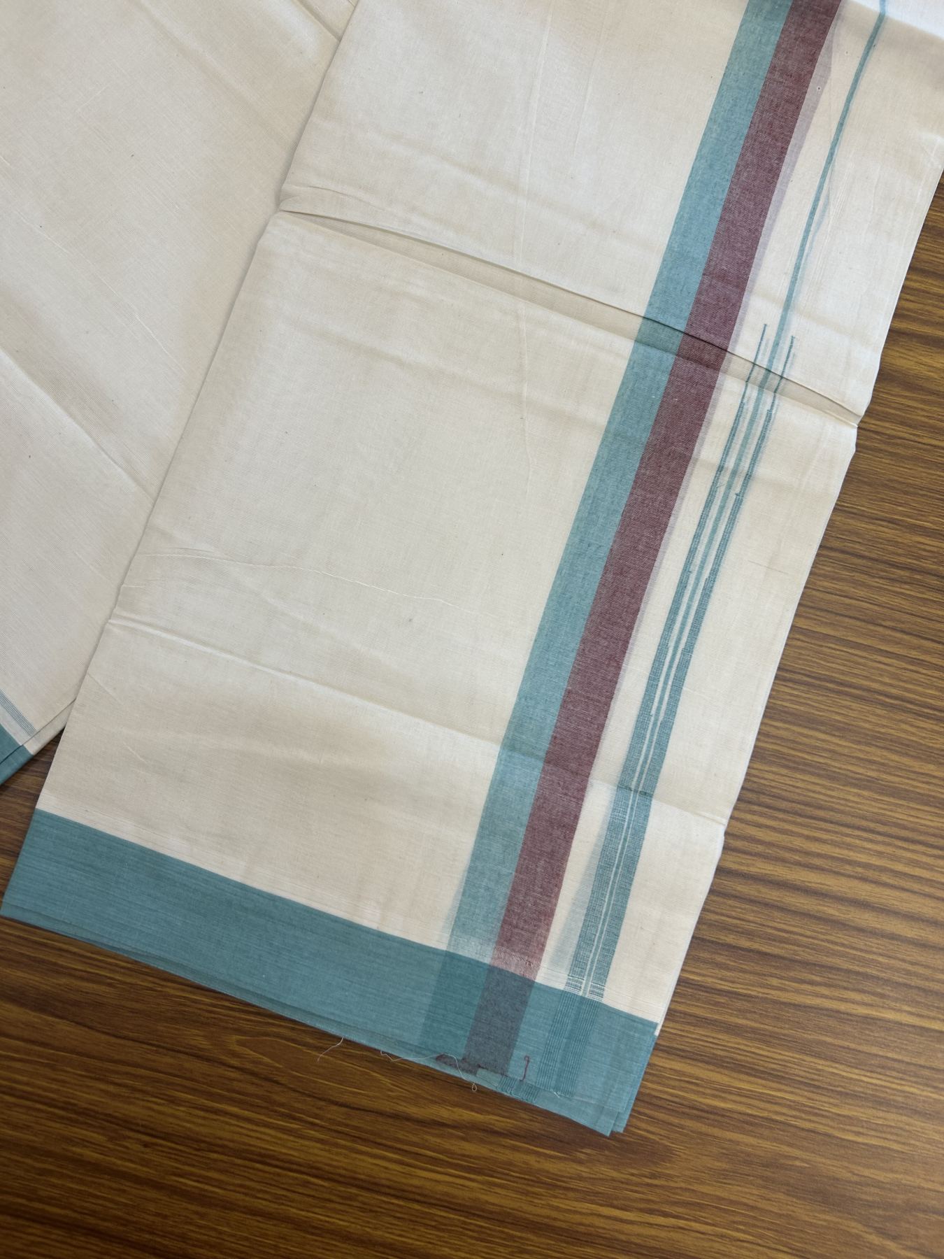 20% Discount ! Kaitharikada Balaramapuram 100% Pure Cotton Double Off white (Unbleached) Mundu/Dhoti - 100x80 - 1.25 inch Maroon & Turquoise Blue Shaded Stripes Chutty Kara 3.90 mtr (8 muzham) - 28 KK5313 PMC