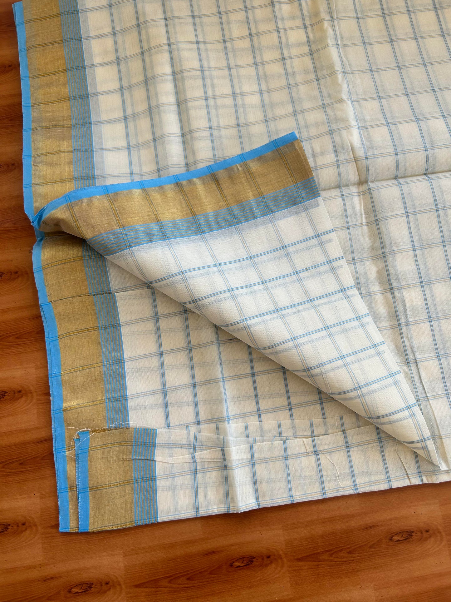 25% Discount! Kaitharikada Kerala Traditional Saree Off white- Mixed Cotton Kasavu Saree - 3 Inch Pallu - Gold Kasav & Light Blue Striped Check Design Kara - 34 KK7000 PMC