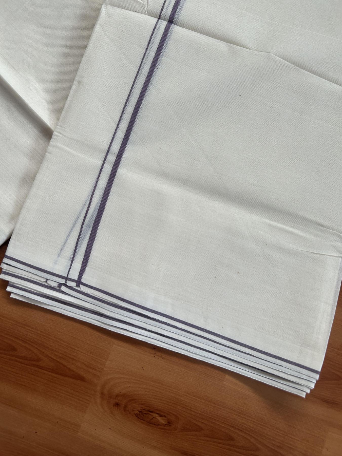 20% Discount! KaithariKada Balaramapuram 100% Cotton Double Off white - (Unbleached) - Mundu/Dhoti-100x80 - 0.3 cm Light Purple Thin Kara 4 mtr (8.5 Muzham) - 82 KK5382 VIN