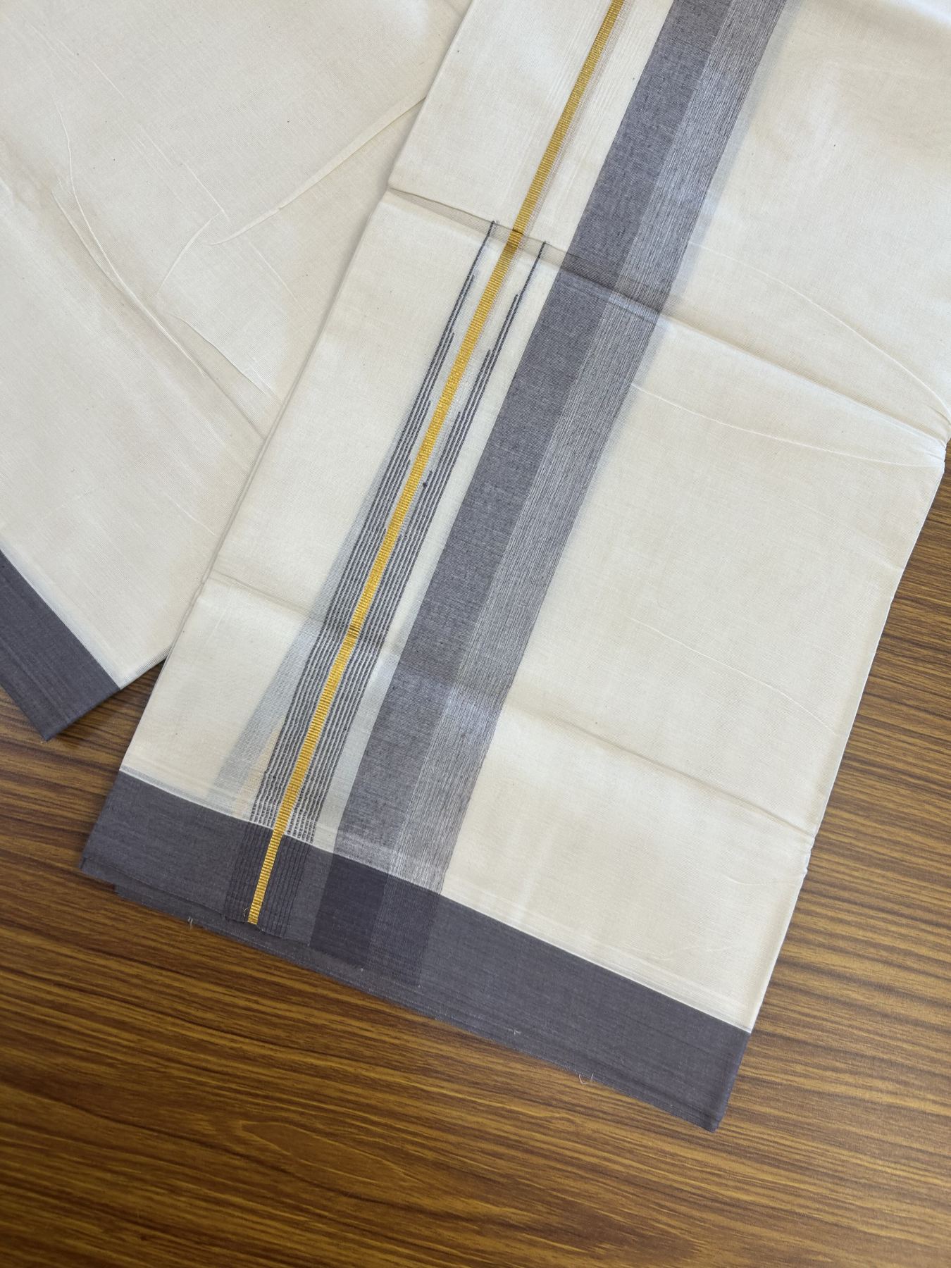 20% Discount ! Kaitharikada Balaramapuram 100% Pure Cotton Double Off white (Unbleached) Mundu/Dhoti - 100x80 - 1.75 inch Gold Kasav & Purple Ash Shaded Stripes Chutty Kara 3.90 mtr (8 muzham) - 31 KK5313 PMC