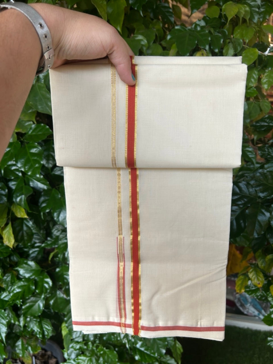 25% Discount! KaithariKada Handloom Millpaav Balaramapuram - Cotton Double Mundu/Dhoti Off white (Unbleached) - 80x90 - 0.5 inch Kasavu & Deep Orange Puliyilakkara Chutty 3.60 meter (8 Muzham) - 58 KK5256 RAM