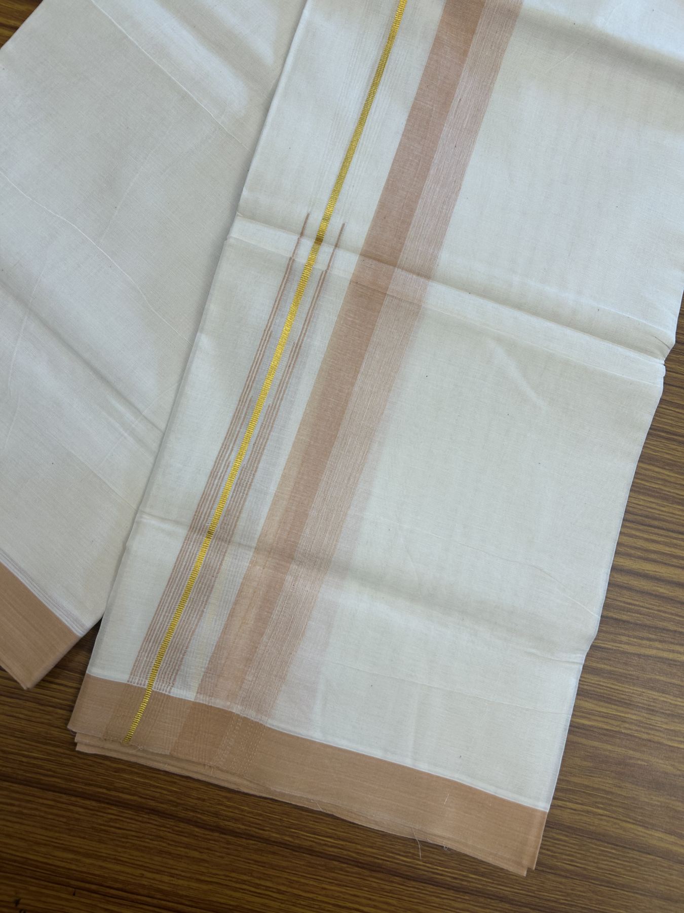 20% Discount ! Kaitharikada Balaramapuram 100% Pure Cotton Double Off white (Unbleached) Mundu/Dhoti - 100x80 - 1.75 inch Gold Kasav & Pastel Peach Shaded Stripes Chutty Kara 3.90 mtr (8 muzham) - 32 KK5313 PMC