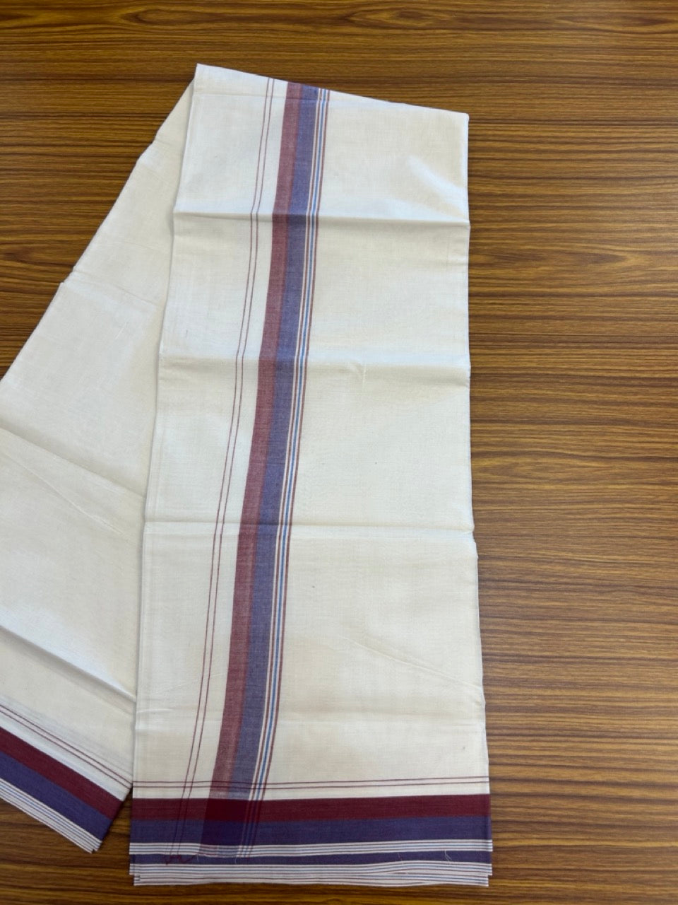 20% Discount ! KaithariKada Balaramapuram 100% Cotton Double OFF WHITE - (Unbleached) - Mundu / Dhoti- 100x80 - 1.5 inch Maroon & Blue shaded striped kara - 14 KK5280 VIN