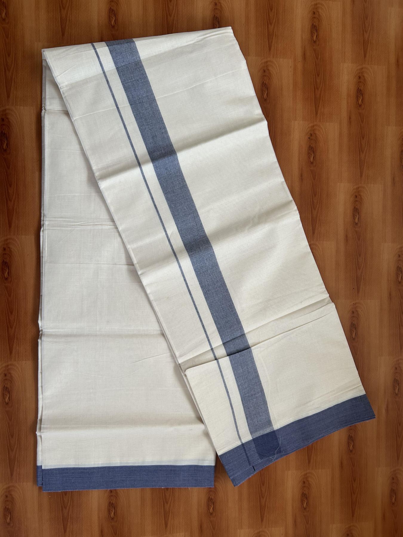 20% Discount ! KaithariKada Balaramapuram 100% Cotton Double Off White (Unbleached) - Mundu / Dhoti- 100x80 - 1.5 inch Lavender & Navy Blue Shaded Kara 4 mtr (8.5 Muzham) - 56 KK5382 VIN
