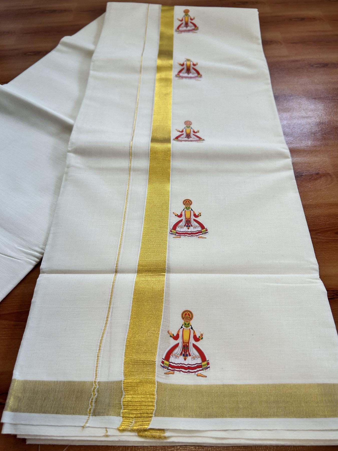 Double Off White - (Unbleached) Mundu/Dhoti- 20% Discount!! KaithariKada Balaramapuram 100% Cotton (60s) - 1 inch Gold Kasav & Kadhakali Printed Kara - 21 KK5415 GAN