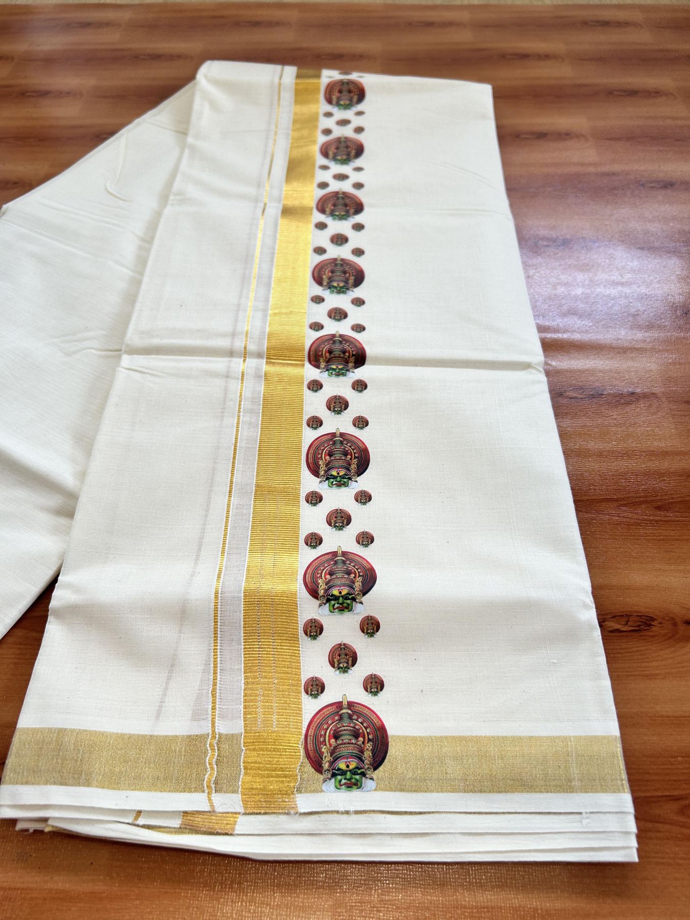 Double Off White - (Unbleached) Mundu/Dhoti- 20% Discount!! KaithariKada Balaramapuram 100% Cotton (60s) - 2 inch Gold Kasav & Kadhakali Printed Kara - 15 KK5415 GAN