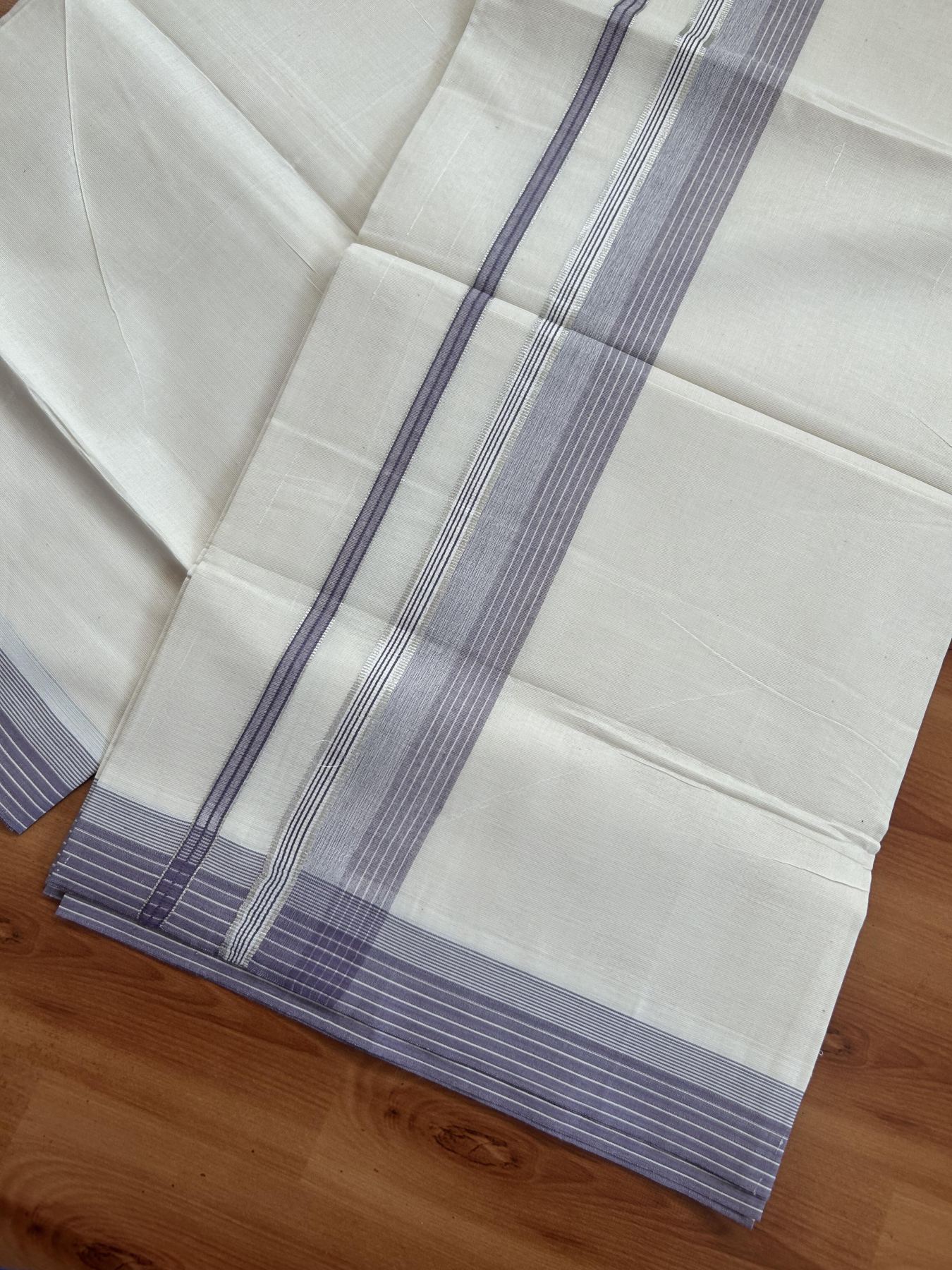 20% Discount ! KaithariKada Balaramapuram 100% Cotton Double Off White - (Unbleached) - Mundu / Dhoti- 100x80 - 1.5 inch Silver Kasav & Light Purple shaded Stripes Kara 4 mtr (8.5 Muzham) - 58 KK5382 VIN