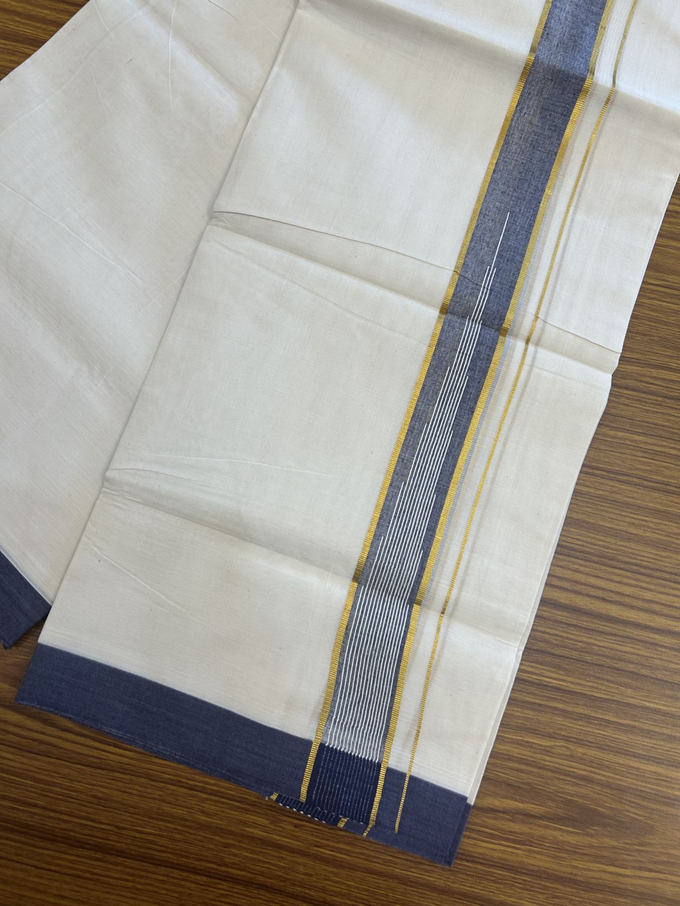 20% Discount ! Kaitharikada Balaramapuram 100% Pure Cotton Double Off white (Unbleached) Mundu/Dhoti - 100x80 - 1.5 inch Gold Kasav & Navy Blue Shaded Stripes Chutty Kara 3.90 mtr (8 muzham) - 36 KK5313 PMC