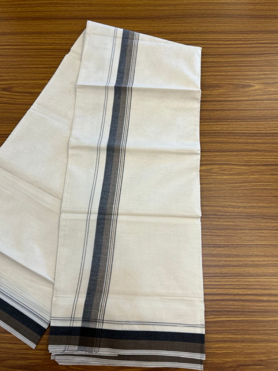 20% Discount ! KaithariKada Balaramapuram 100% Cotton Double OFF WHITE - (Unbleached) - Mundu / Dhoti- 100x80 - 1.5 inch Black & Brown shaded striped kara - 10 KK5280 VIN