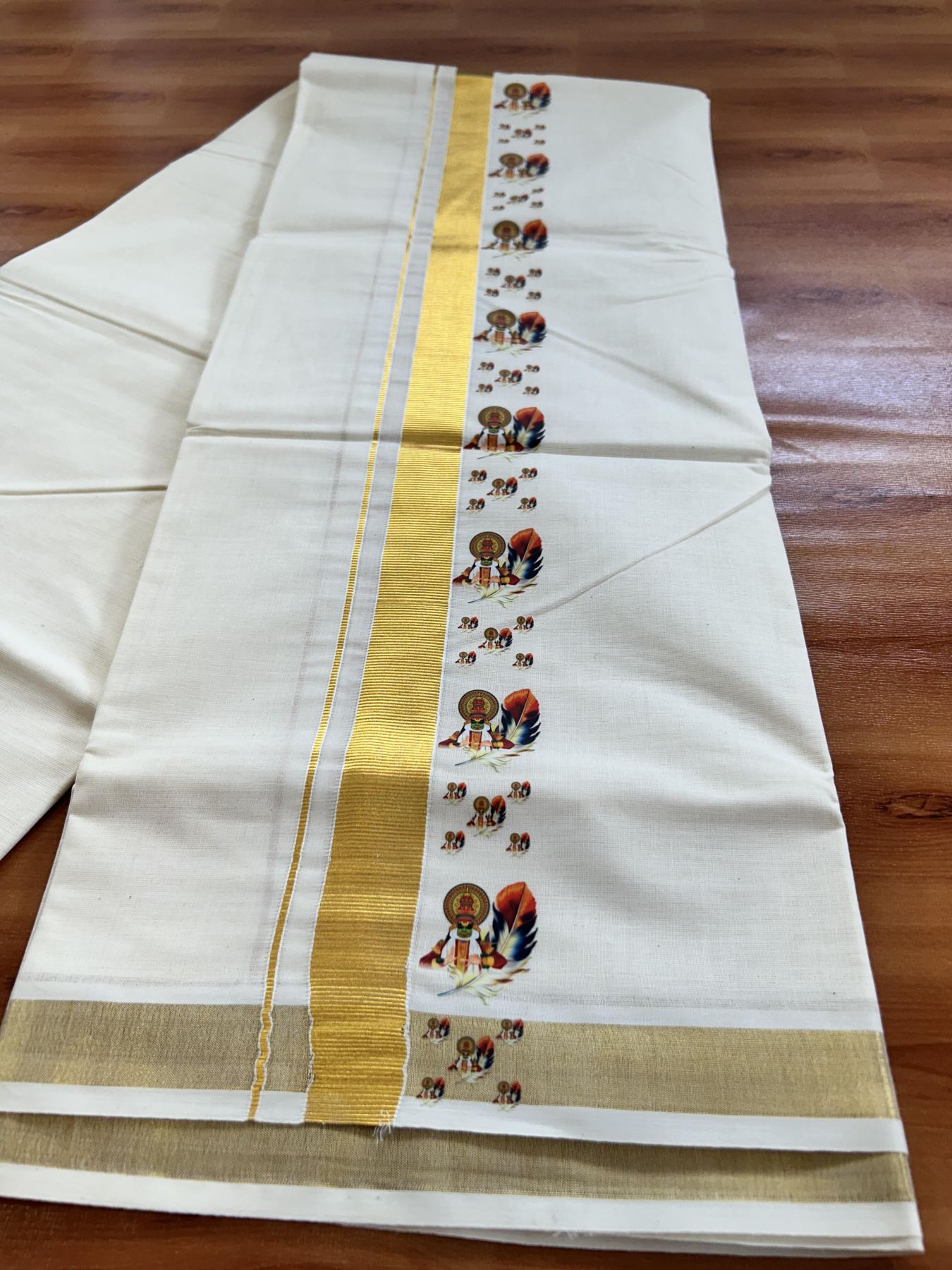Double Off White - (Unbleached) Mundu/Dhoti- 20% Discount!! KaithariKada Balaramapuram 100% Cotton (60s) - 1 inch Gold Kasav & Kadhakali & Feather Printed Kara - 18 KK5415 GAN
