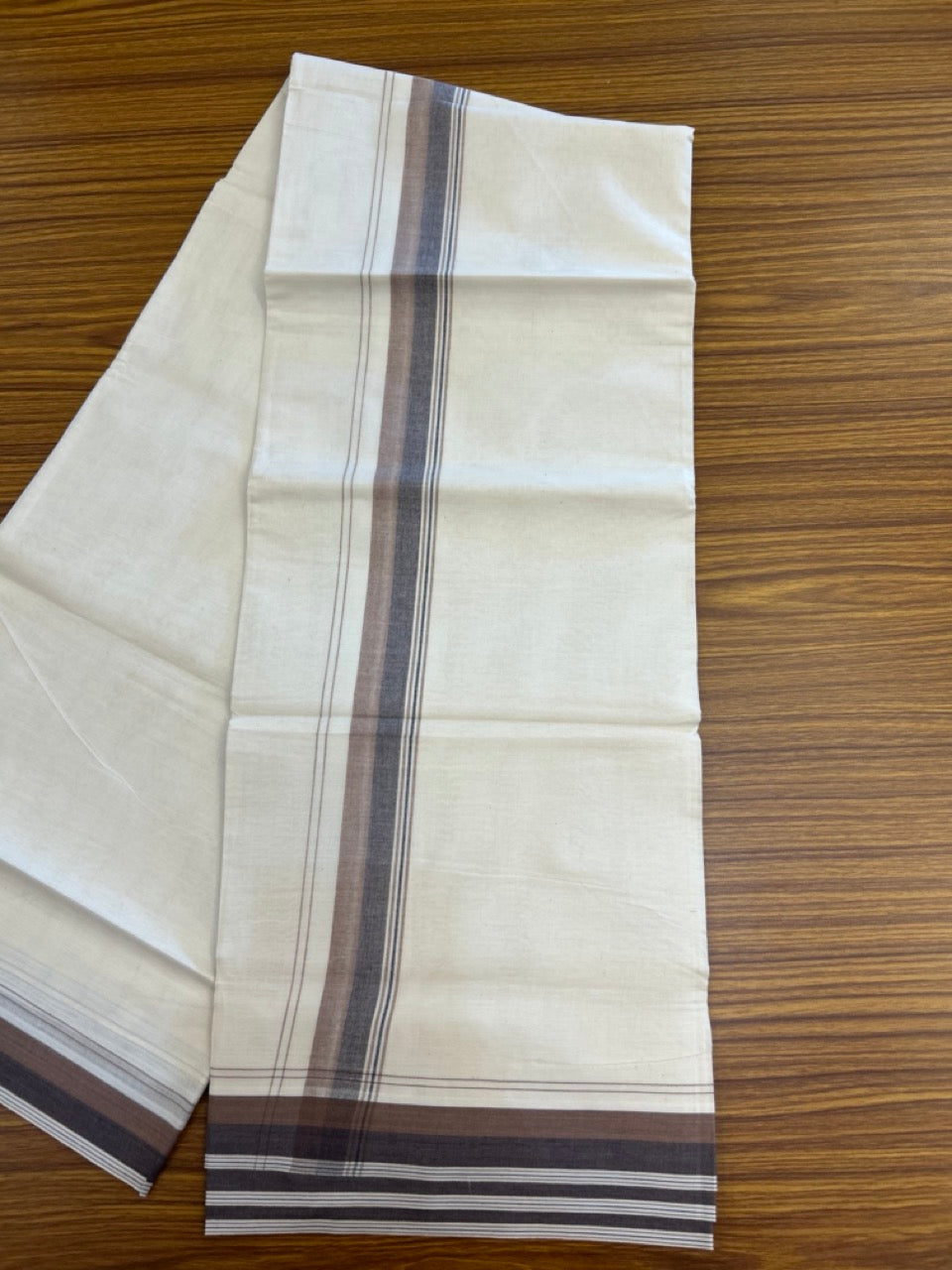 20% Discount ! KaithariKada Balaramapuram 100% Cotton Double OFF WHITE - (Unbleached) - Mundu / Dhoti- 100x80 - 1.5 inch Brown & Dark Brown shaded striped kara - 13 KK5280 VIN