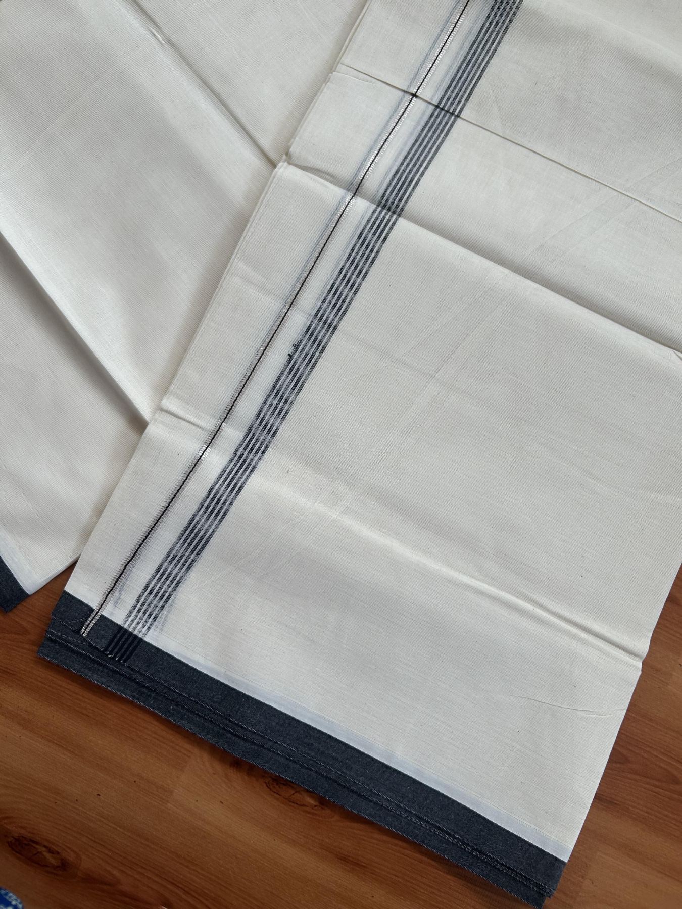 20% Discount ! KaithariKada Balaramapuram 100% Cotton Double Off White - (Unbleached) - Mundu / Dhoti- 100x80 - 0.5 inch Silver Kasav & Black Shaded Stripes Kara 4 mtr (8.5 Muzham) - 63 KK5382 VIN