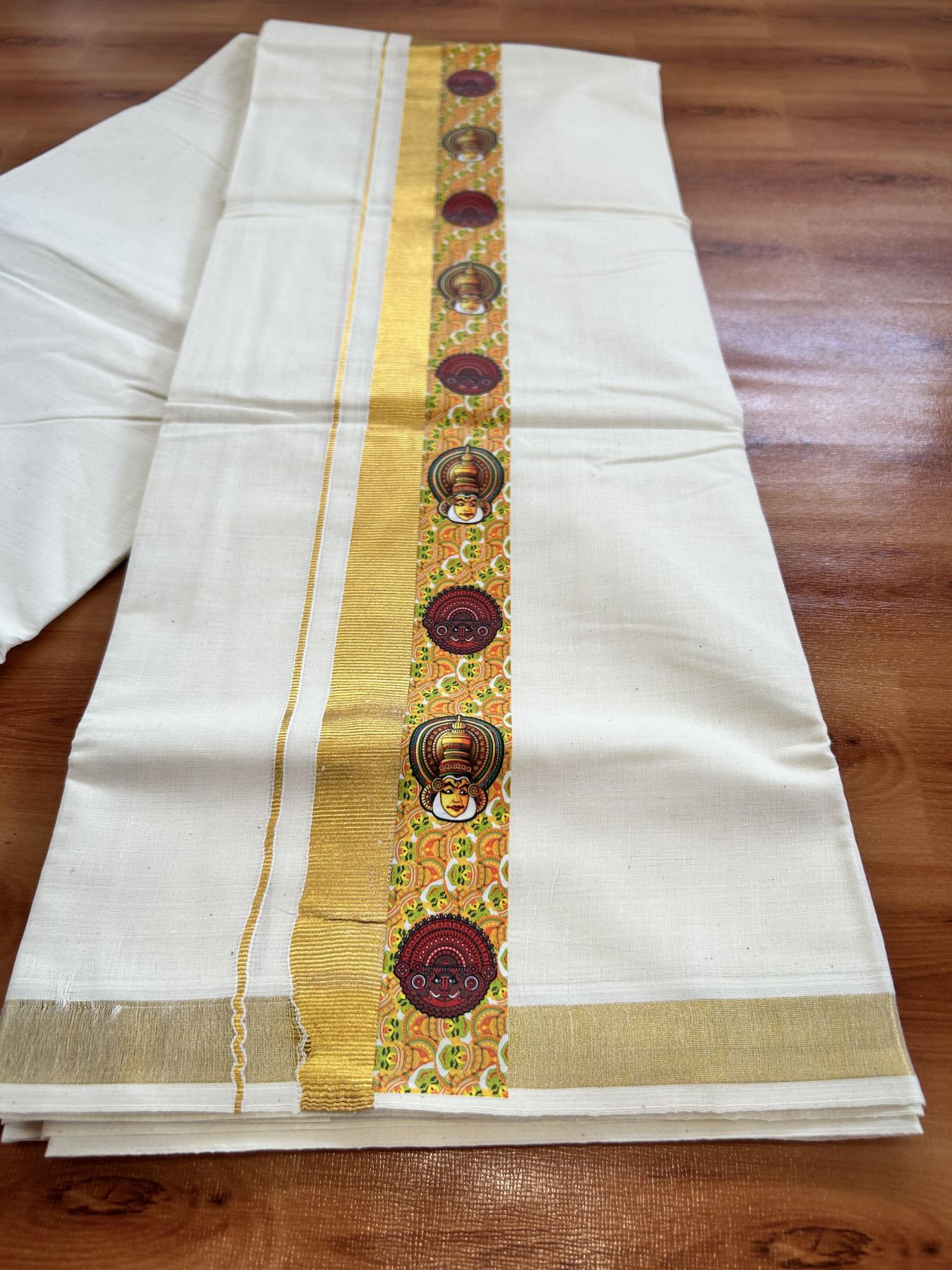 Double Off White - (Unbleached) Mundu/Dhoti- 20% Discount!! KaithariKada Balaramapuram 100% Cotton (60s) - 2 inch Gold Kasav & Kadhakali & Theyyam Printed Kara - 17 KK5415 GAN