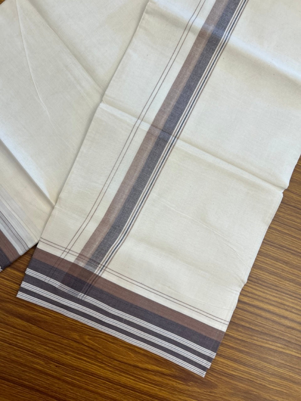 20% Discount ! KaithariKada Balaramapuram 100% Cotton Double OFF WHITE - (Unbleached) - Mundu / Dhoti- 100x80 - 1.5 inch Brown & Dark Brown shaded striped kara - 13 KK5280 VIN