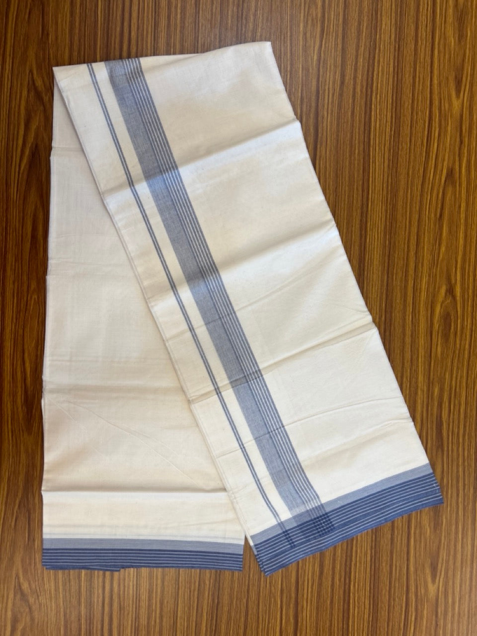 20% Discount ! KaithariKada Balaramapuram 100% Cotton Double OFF WHITE - (Unbleached) - Mundu / Dhoti- 100x80 - 1.5 inch Ash Blue shaded striped kara - 1 KK5280 VIN