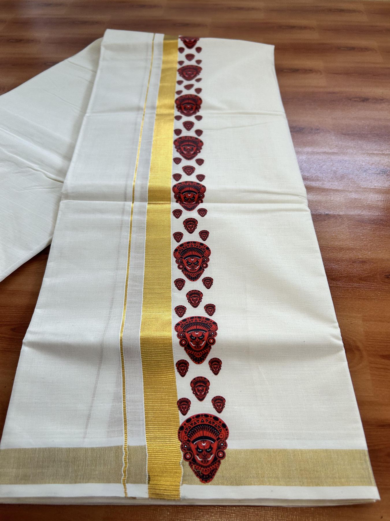 Double Off White - (Unbleached) Mundu/Dhoti- 20% Discount!! KaithariKada Balaramapuram 100% Cotton (60s) - 2 inch Gold Kasav & Theyyam Printed Kara - 14 KK5415 GAN