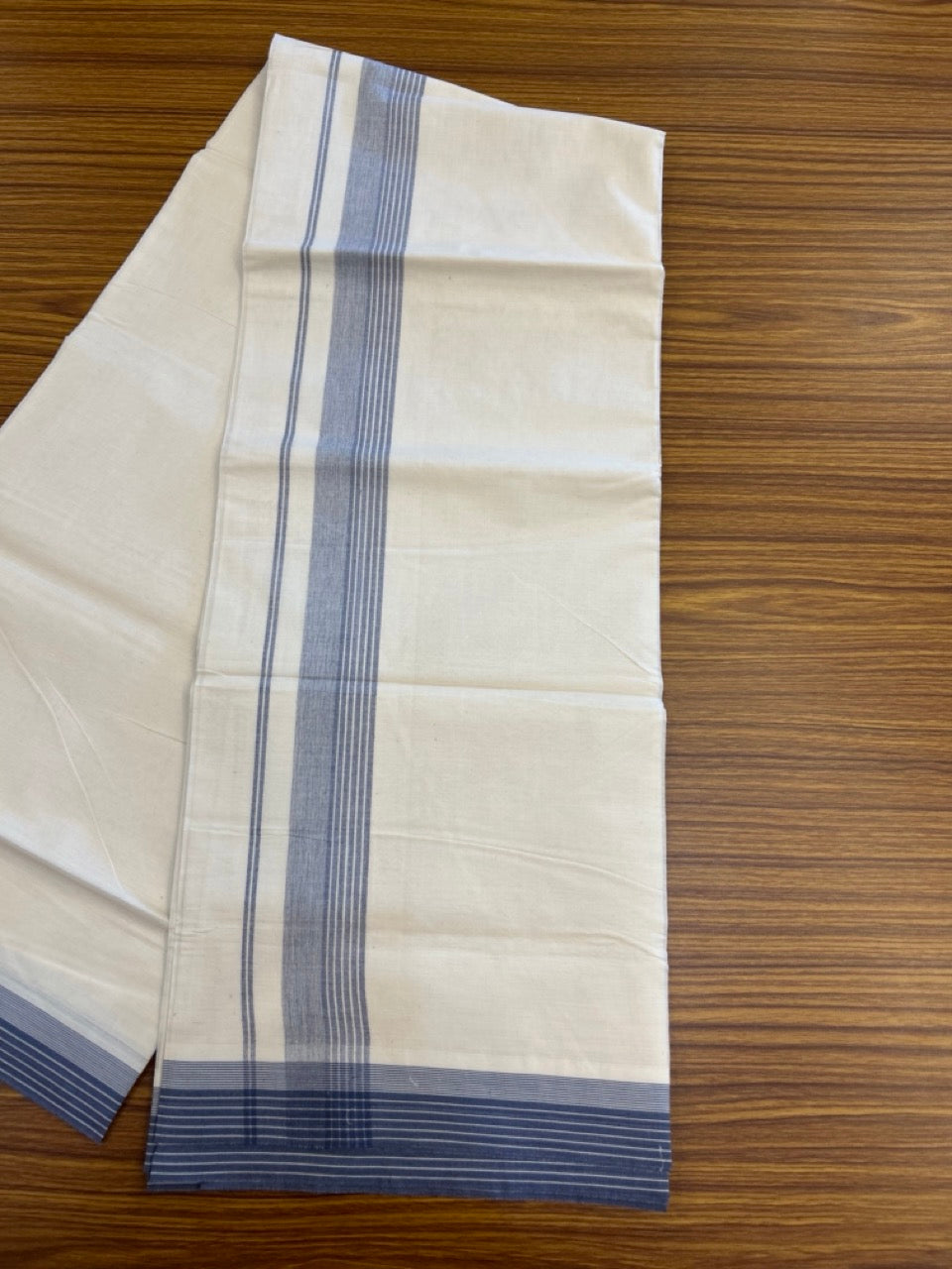 20% Discount ! KaithariKada Balaramapuram 100% Cotton Double OFF WHITE - (Unbleached) - Mundu / Dhoti- 100x80 - 1.5 inch Ash Blue shaded striped kara - 1 KK5280 VIN