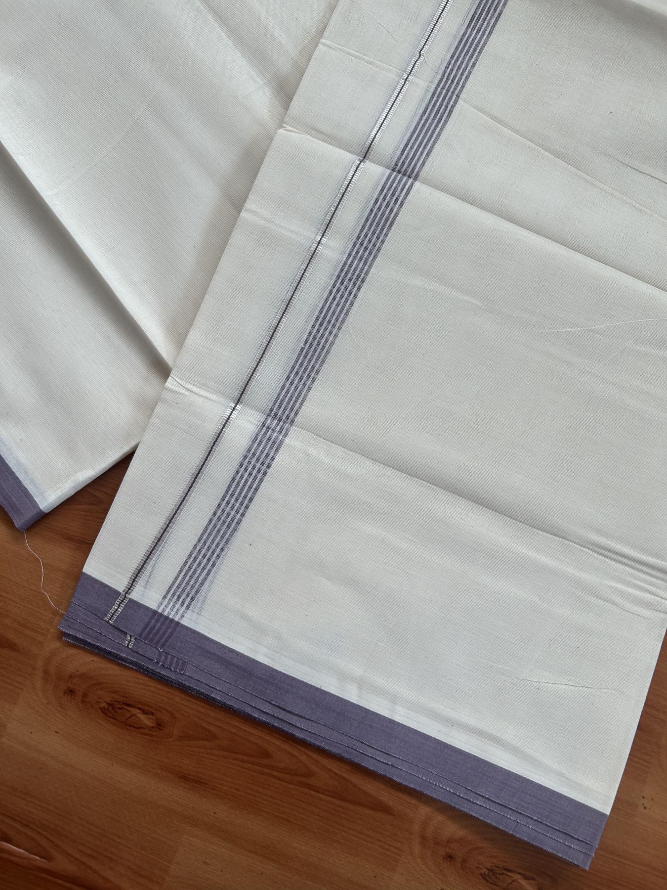 20% Discount ! KaithariKada Balaramapuram 100% Cotton Double Off White - (Unbleached) - Mundu / Dhoti- 100x80 - 0.5 inch Silver Kasav & Light Purple Shaded Stripes Kara 4 mtr (8.5 Muzham) - 62 KK5382 VIN