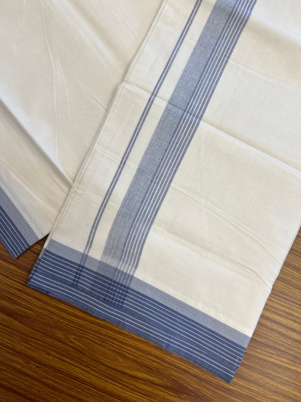 20% Discount ! KaithariKada Balaramapuram 100% Cotton Double OFF WHITE - (Unbleached) - Mundu / Dhoti- 100x80 - 1.5 inch Ash Blue shaded striped kara - 1 KK5280 VIN