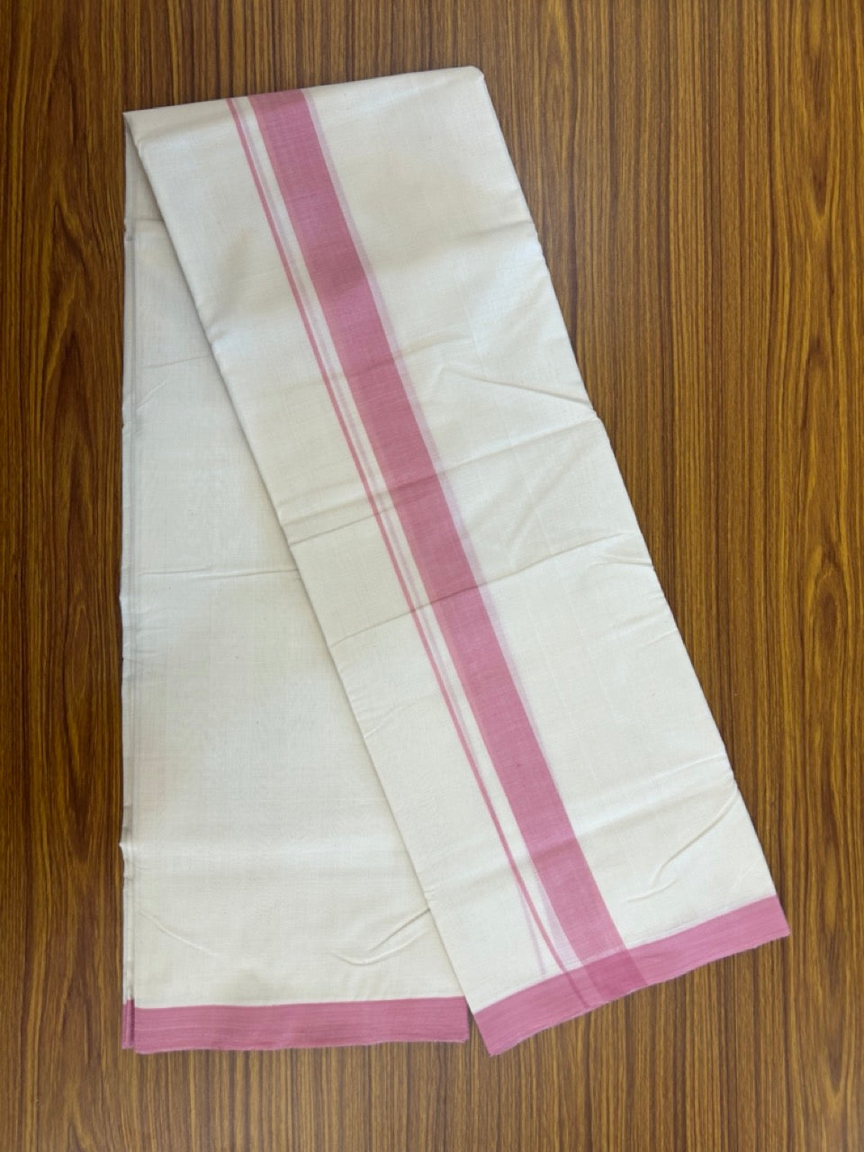 25% Discount! KaithariKada Handloom Millpaav Balaramapuram - Cotton Double Mundu/Dhoti Off white (Unbleached) - 80x90 - 1.25 inch Pink Mulloth Kara 3.60 meter (8 Muzham) - 40 KK5256 RAM