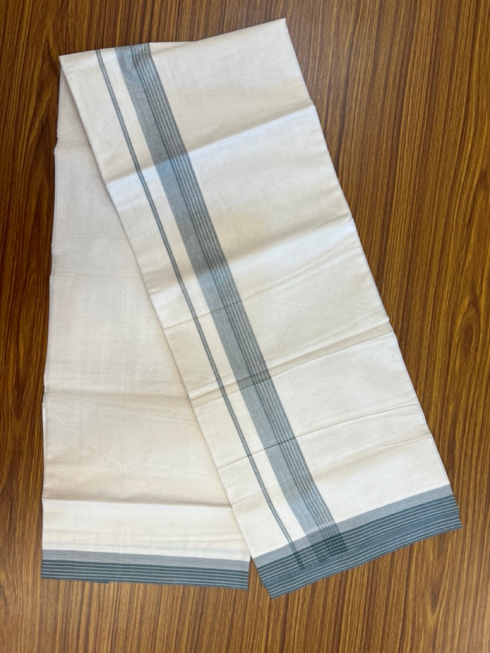 20% Discount ! KaithariKada Balaramapuram 100% Cotton Double OFF WHITE - (Unbleached) - Mundu / Dhoti- 100x80 - 1.5 inch Dark pine Green shaded striped kara - 2 KK5280 VIN