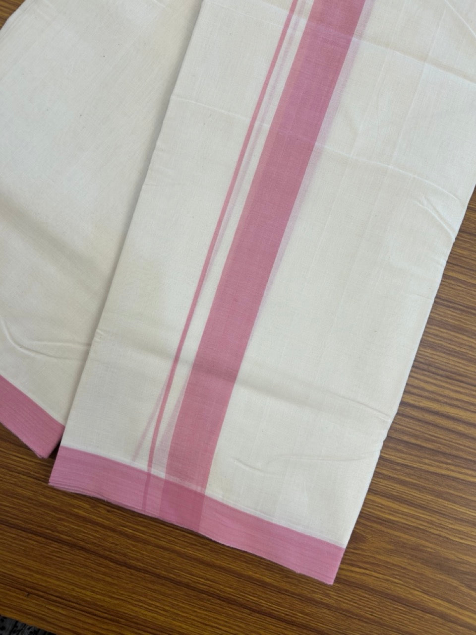 25% Discount! KaithariKada Handloom Millpaav Balaramapuram - Cotton Double Mundu/Dhoti Off white (Unbleached) - 80x90 - 1.25 inch Pink Mulloth Kara 3.60 meter (8 Muzham) - 40 KK5256 RAM