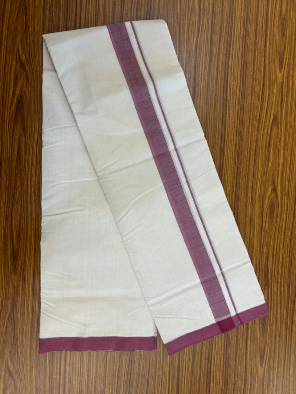 25% Discount! KaithariKada Handloom Millpaav Balaramapuram - Cotton Double Mundu/Dhoti Off white (Unbleached) - 80x90 - 1.25 inch Light Maroon Mulloth Kara 3.60 meter (8 Muzham) - 42 KK5256 RAM