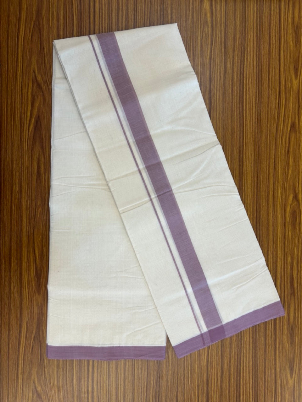25% Discount! KaithariKada Handloom Millpaav Balaramapuram - Cotton Double Mundu/Dhoti Off white (Unbleached) - 80x90 - 1.25 inch Dusty Lavender Mulloth Kara 3.60 meter (8 Muzham) - 50 KK5256 RAM