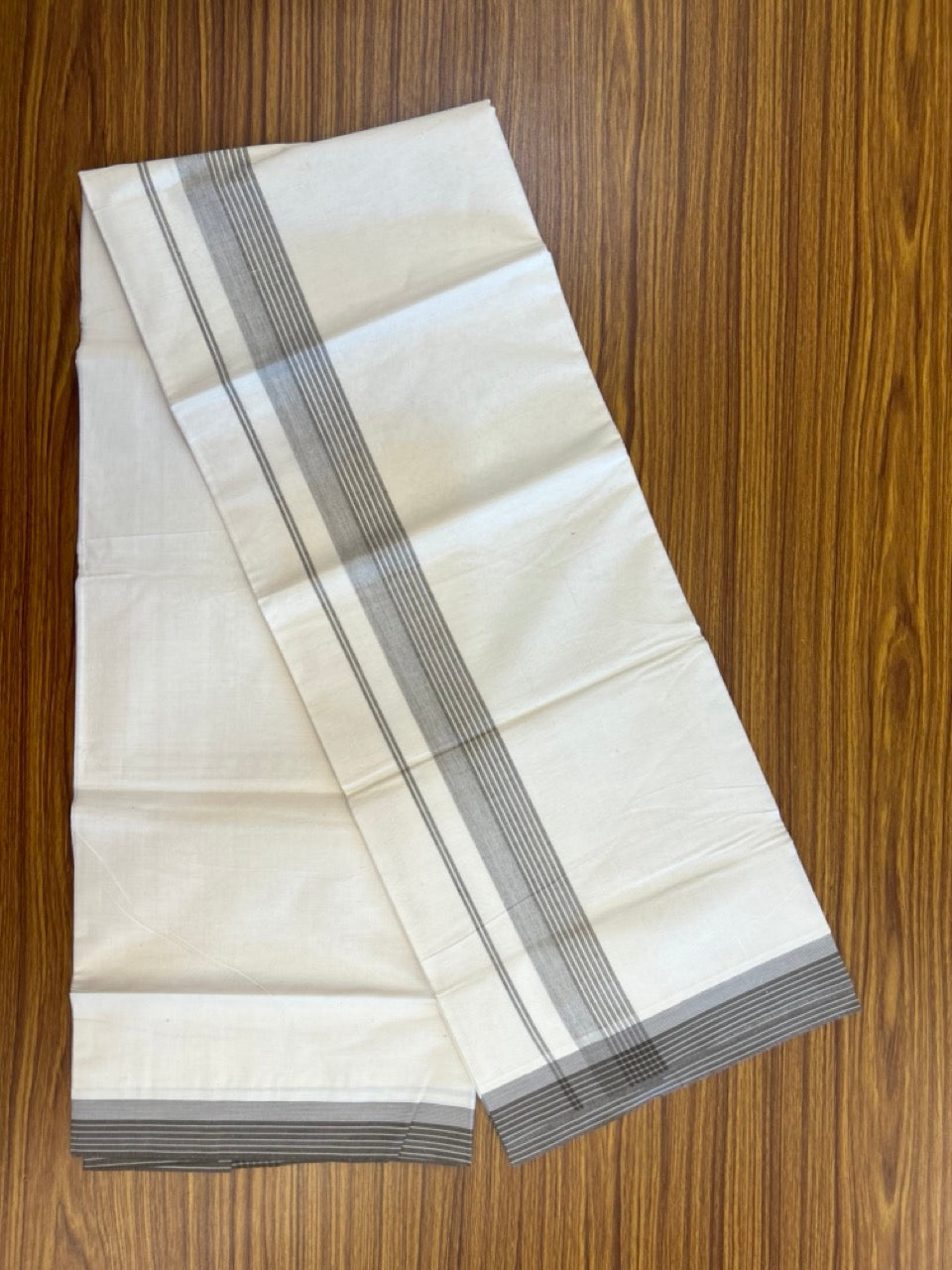 20% Discount ! KaithariKada Balaramapuram 100% Cotton Double OFF WHITE - (Unbleached) - Mundu / Dhoti- 100x80 - 1.5 inch Brown shaded striped kara - 4 KK5280 VIN