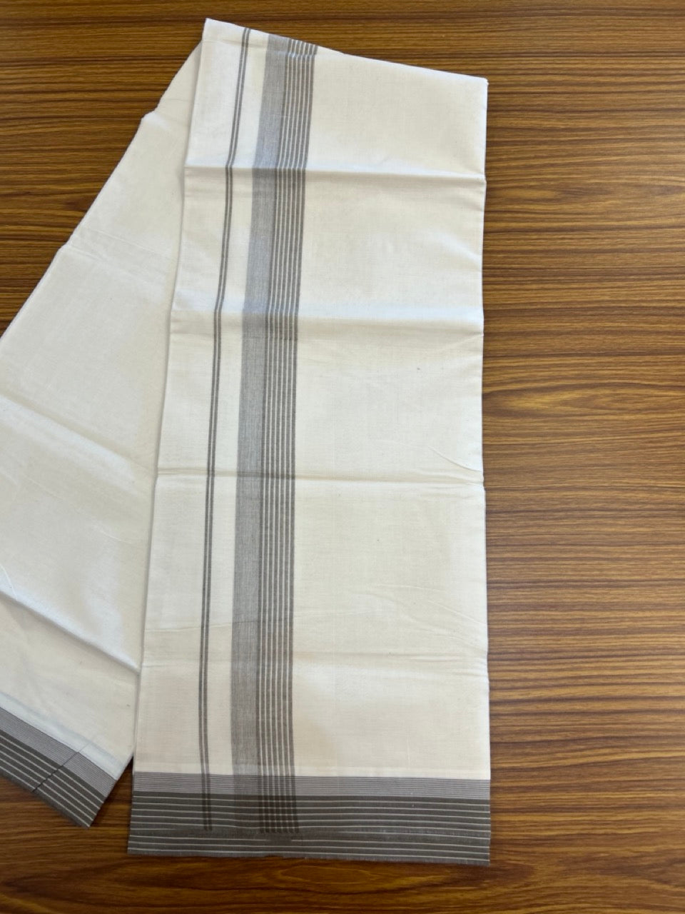 20% Discount ! KaithariKada Balaramapuram 100% Cotton Double OFF WHITE - (Unbleached) - Mundu / Dhoti- 100x80 - 1.5 inch Brown shaded striped kara - 4 KK5280 VIN