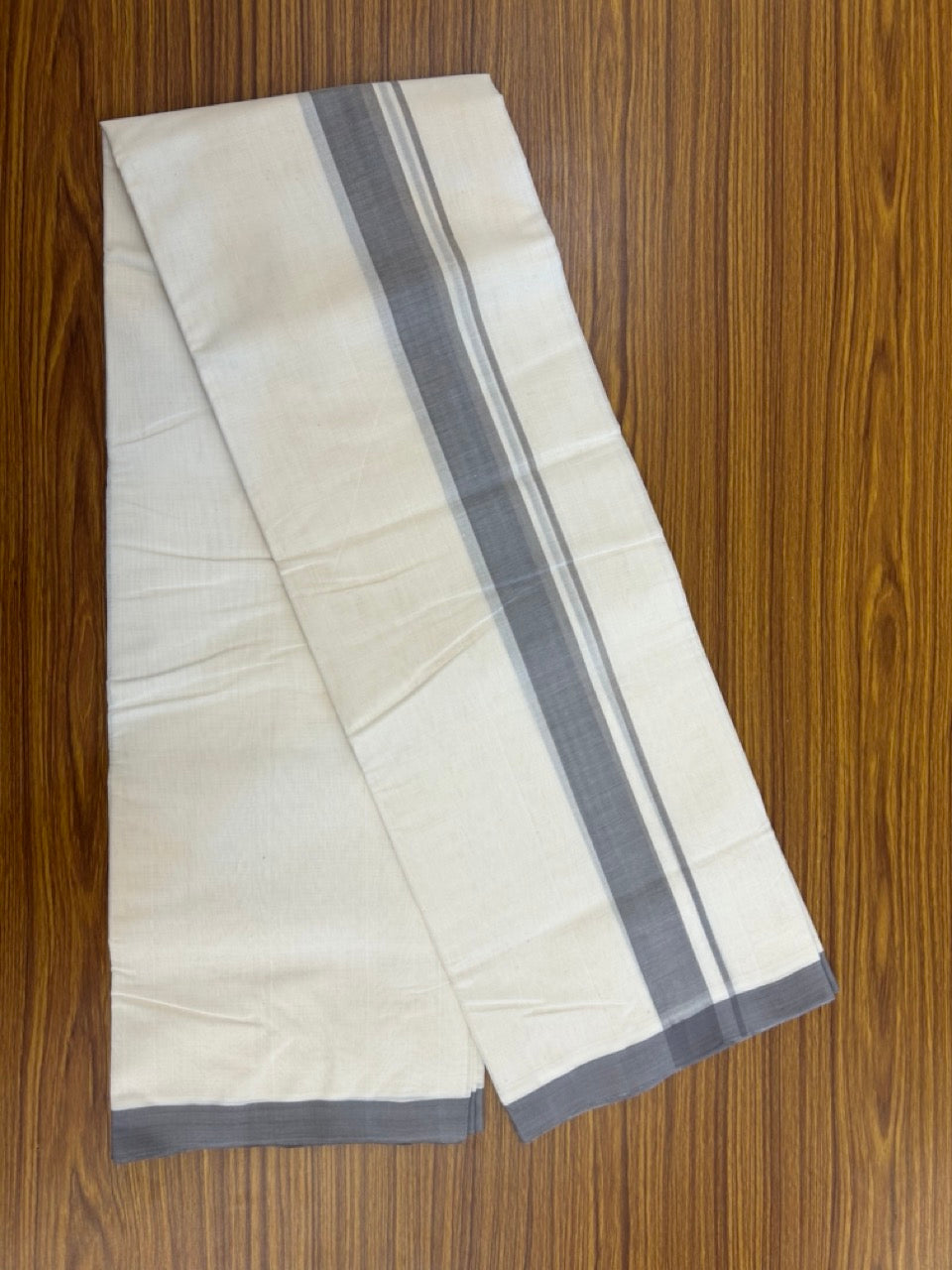 25% Discount! KaithariKada Handloom Millpaav Balaramapuram - Cotton Double Mundu/Dhoti Off white (Unbleached) - 80x90 - 1.25 inch Ash Grey Mulloth Kara 3.60 meter (8 Muzham) - 47 KK5256 RAM
