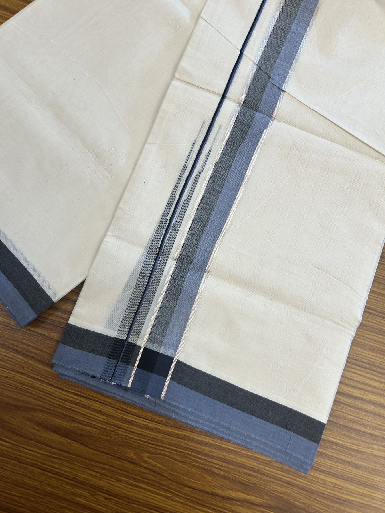 20% Discount ! Kaitharikada Balaramapuram 100% Pure Cotton Double Off white (Unbleached) Mundu/Dhoti - 100x80 - 1.5 inch Silver Kasav Black & Ash Blue Shaded Stripes Chutty Kara 3.90 mtr (8 muzham) - 43 KK5313 PMC