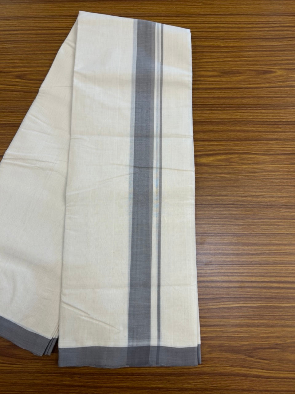25% Discount! KaithariKada Handloom Millpaav Balaramapuram - Cotton Double Mundu/Dhoti Off white (Unbleached) - 80x90 - 1.25 inch Ash Grey Mulloth Kara 3.60 meter (8 Muzham) - 47 KK5256 RAM