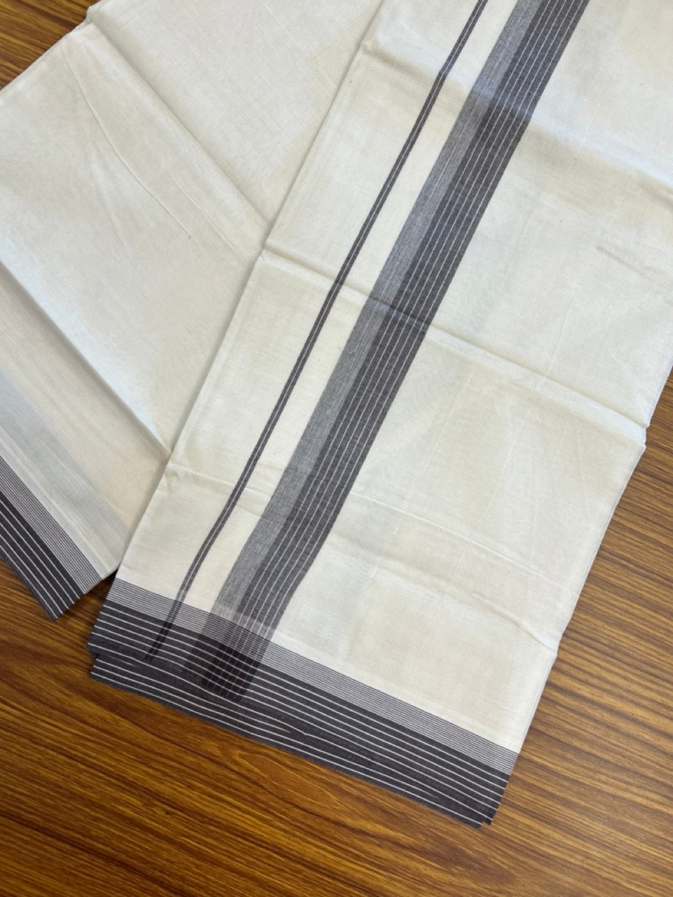 20% Discount ! KaithariKada Balaramapuram 100% Cotton Double OFF WHITE - (Unbleached) - Mundu / Dhoti- 100x80 - 1.5 inch Dark Brown shaded striped kara - 5 KK5280 VIN