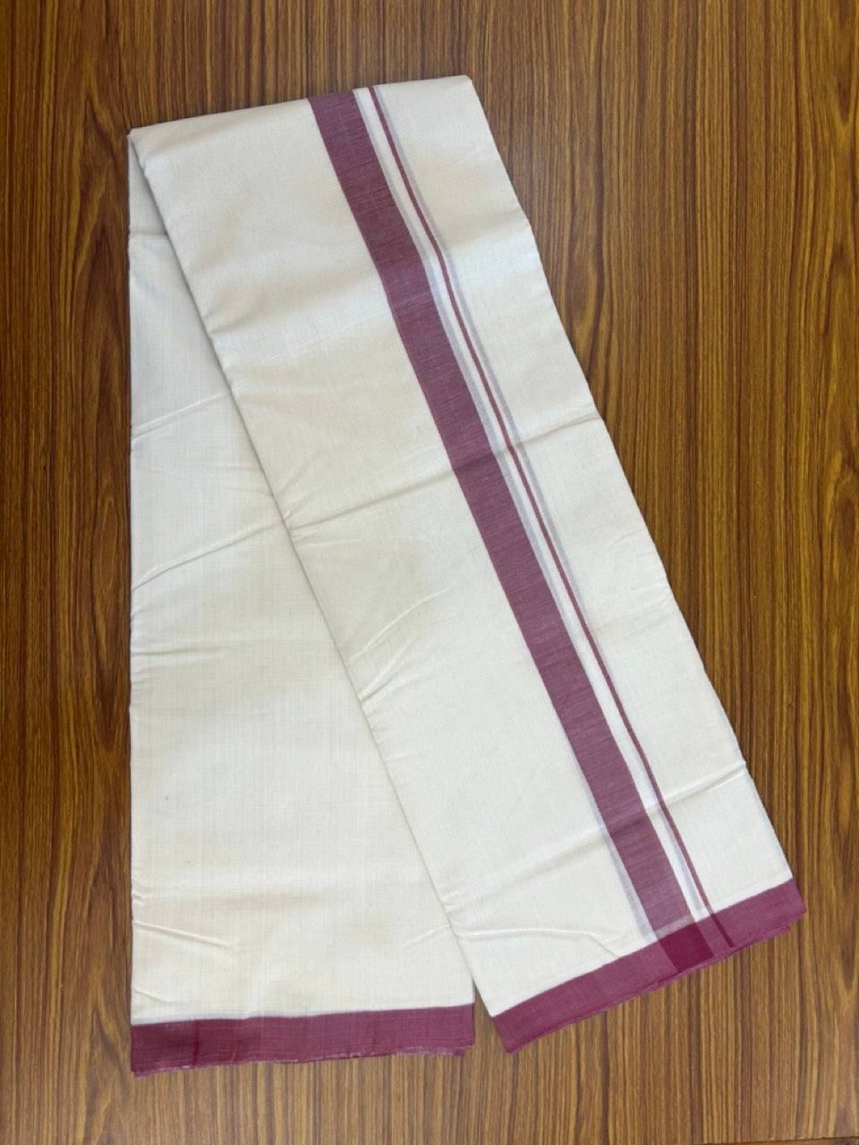25% Discount! KaithariKada Handloom Millpaav Balaramapuram - Cotton Double Mundu/Dhoti Off white (Unbleached) - 80x90 - 1 inch Light Maroon Mulloth Kara 3.60 meter (8 Muzham) - 43 KK5256 RAM