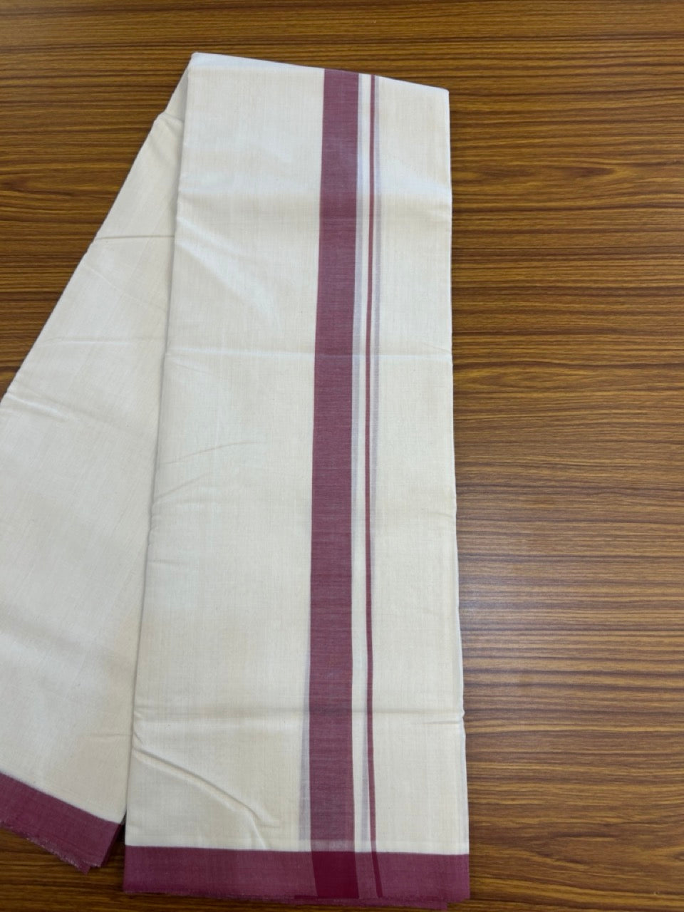 25% Discount! KaithariKada Handloom Millpaav Balaramapuram - Cotton Double Mundu/Dhoti Off white (Unbleached) - 80x90 - 1 inch Light Maroon Mulloth Kara 3.60 meter (8 Muzham) - 43 KK5256 RAM