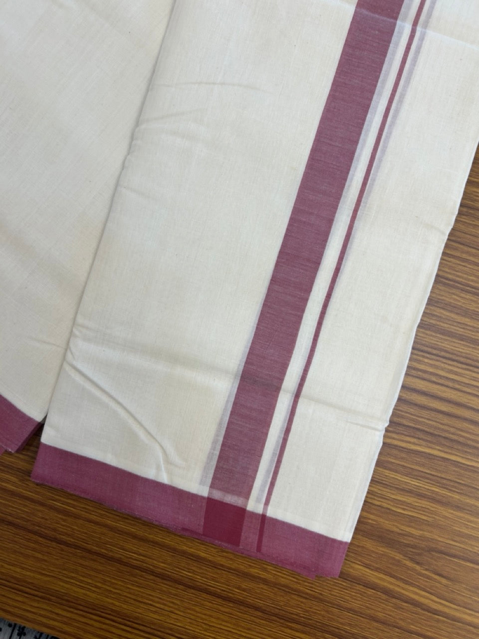 25% Discount! KaithariKada Handloom Millpaav Balaramapuram - Cotton Double Mundu/Dhoti Off white (Unbleached) - 80x90 - 1 inch Light Maroon Mulloth Kara 3.60 meter (8 Muzham) - 43 KK5256 RAM