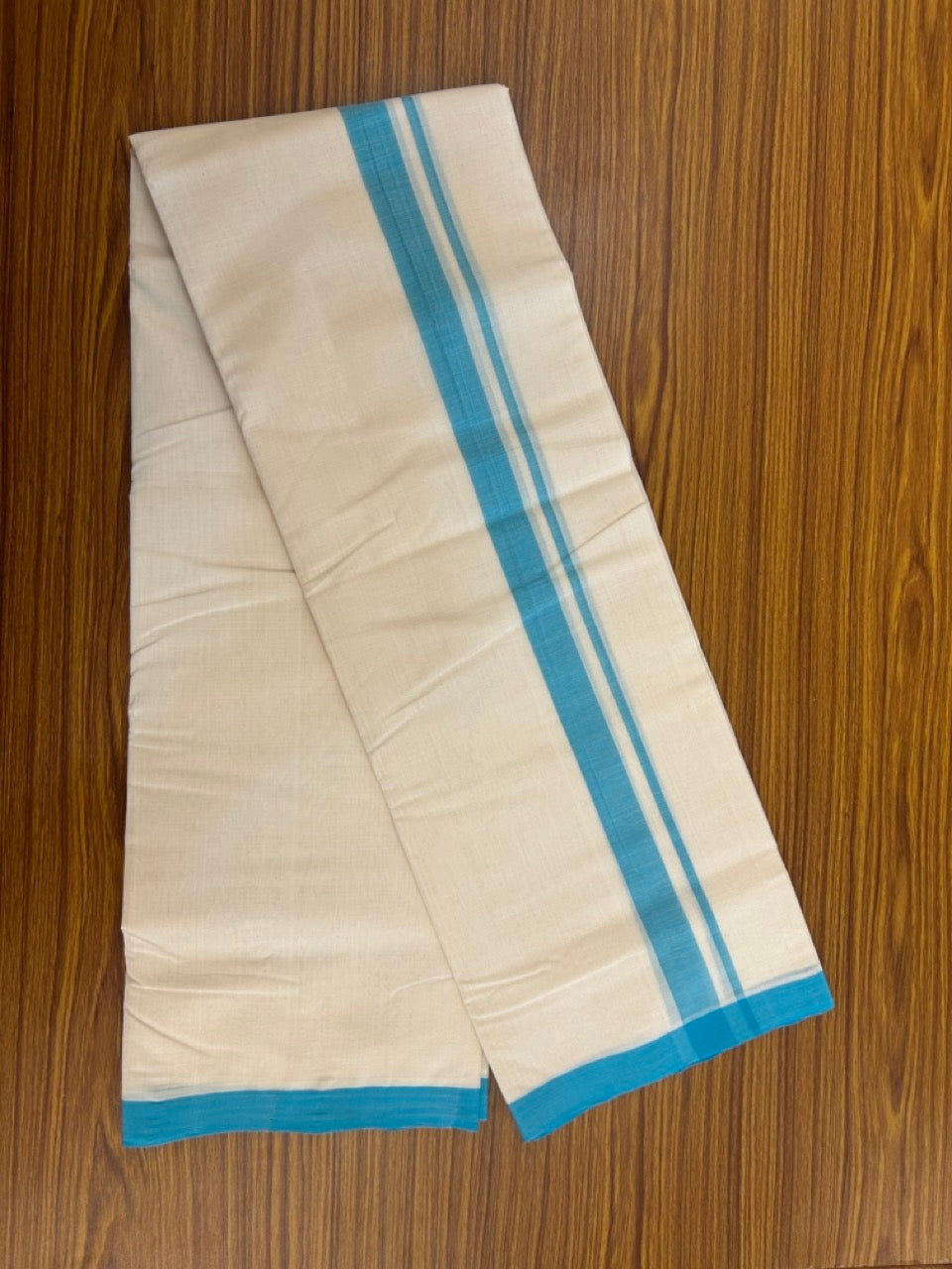 25% Discount! KaithariKada Handloom Millpaav Balaramapuram - Cotton Double Mundu/Dhoti Off white (Unbleached) - 80x90 - 1.25 inch Turquoise Blue Mulloth Kara 3.60 meter (8 Muzham) - 41 KK5256 RAM