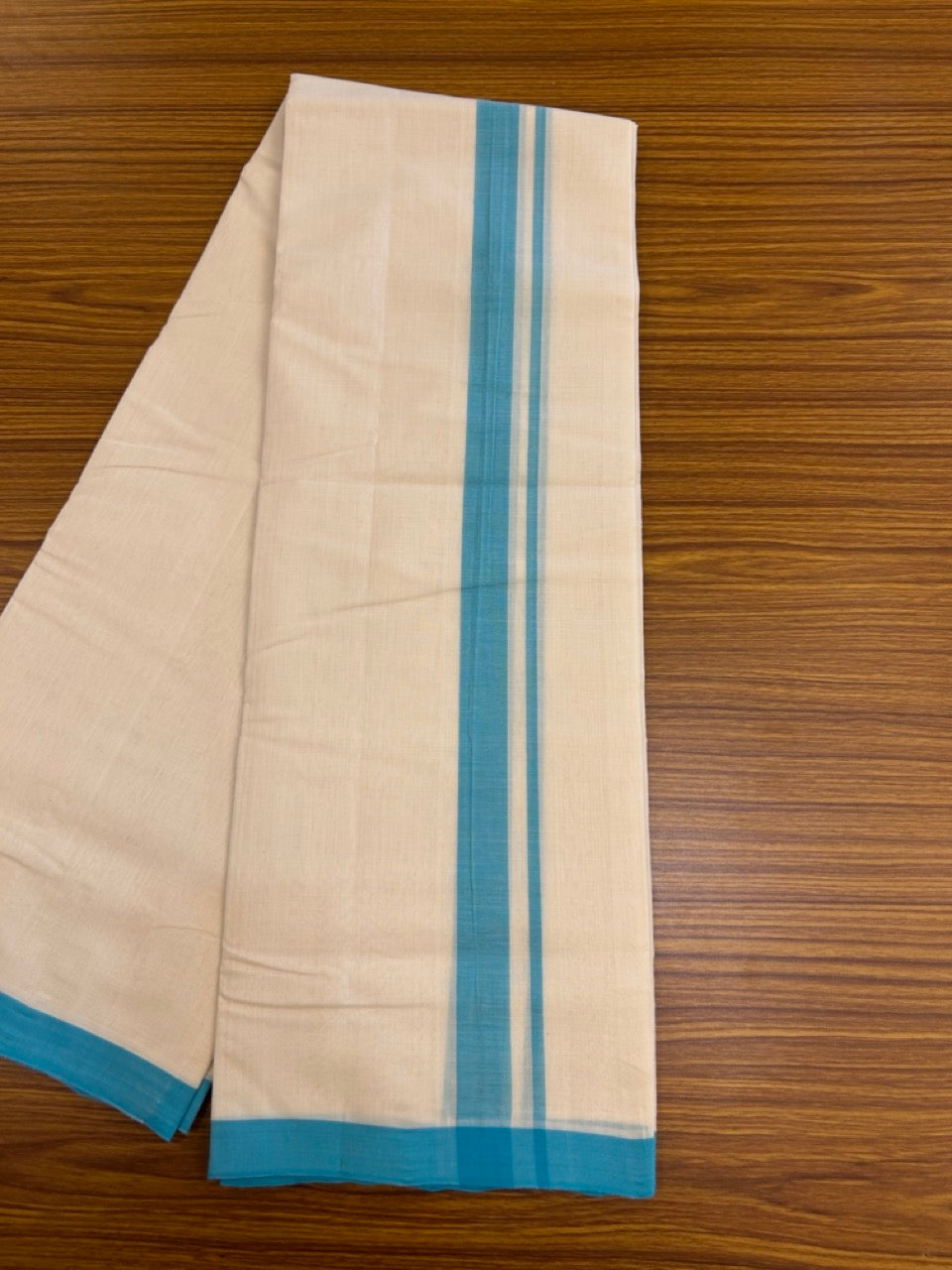 25% Discount! KaithariKada Handloom Millpaav Balaramapuram - Cotton Double Mundu/Dhoti Off white (Unbleached) - 80x90 - 1.25 inch Turquoise Blue Mulloth Kara 3.60 meter (8 Muzham) - 41 KK5256 RAM