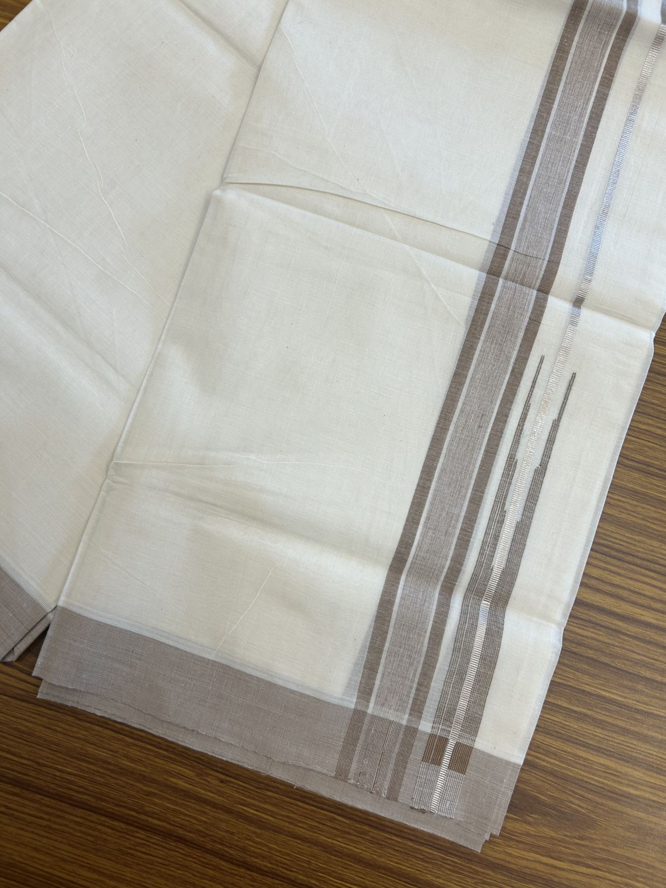 20% Discount ! Kaitharikada Balaramapuram 100% Pure Cotton Double Off white (Unbleached) Mundu/Dhoti - 100x80 - 1.5 inch Silver Kasav & Peanut Brown Shaded Stripes Chutty Kara 3.90 mtr (8 muzham) - 46 KK5313 PMC