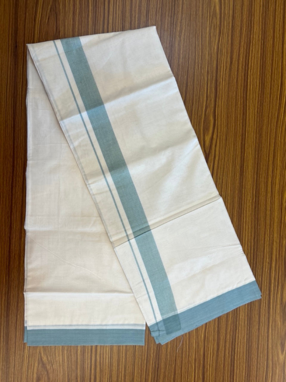 20% Discount ! KaithariKada Balaramapuram 100% Cotton Double OFF WHITE - (Unbleached) - Mundu / Dhoti- 100x80 - 1.5 inch Blue & Green shaded striped kara - 6 KK5280 VIN