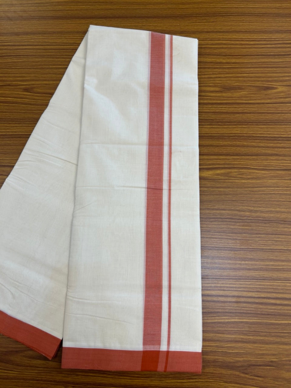 25% Discount! KaithariKada Handloom Millpaav Balaramapuram - Cotton Double Mundu/Dhoti Off white (Unbleached) - 80x90 - 1.25 inch Brick Orange Mulloth Kara 3.60 meter (8 Muzham) - 49 KK5256 RAM