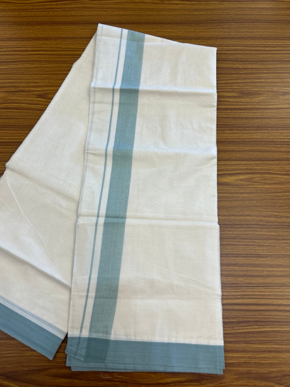 20% Discount ! KaithariKada Balaramapuram 100% Cotton Double OFF WHITE - (Unbleached) - Mundu / Dhoti- 100x80 - 1.5 inch Blue & Green shaded striped kara - 6 KK5280 VIN