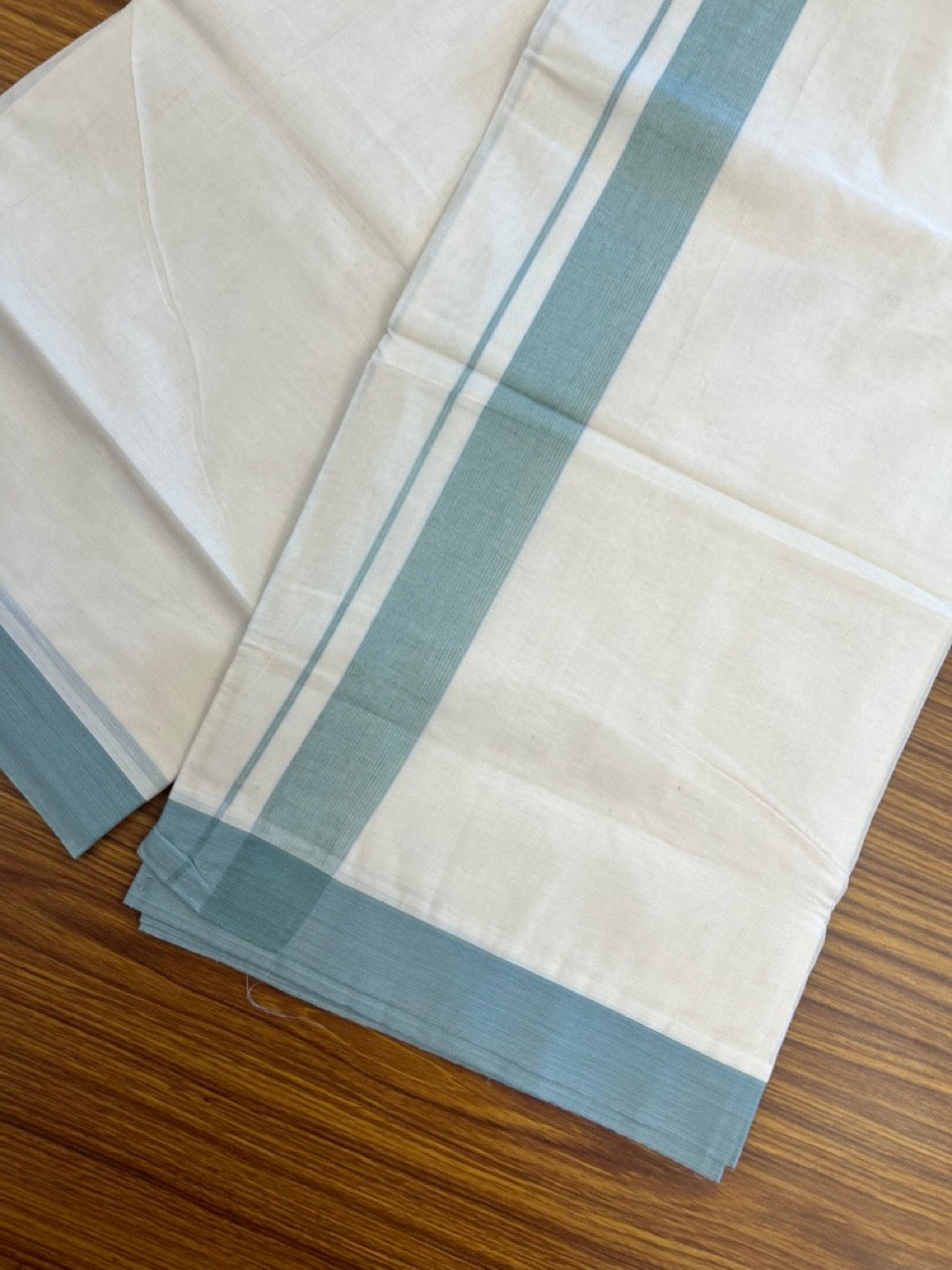 20% Discount ! KaithariKada Balaramapuram 100% Cotton Double OFF WHITE - (Unbleached) - Mundu / Dhoti- 100x80 - 1.5 inch Blue & Green shaded striped kara - 6 KK5280 VIN