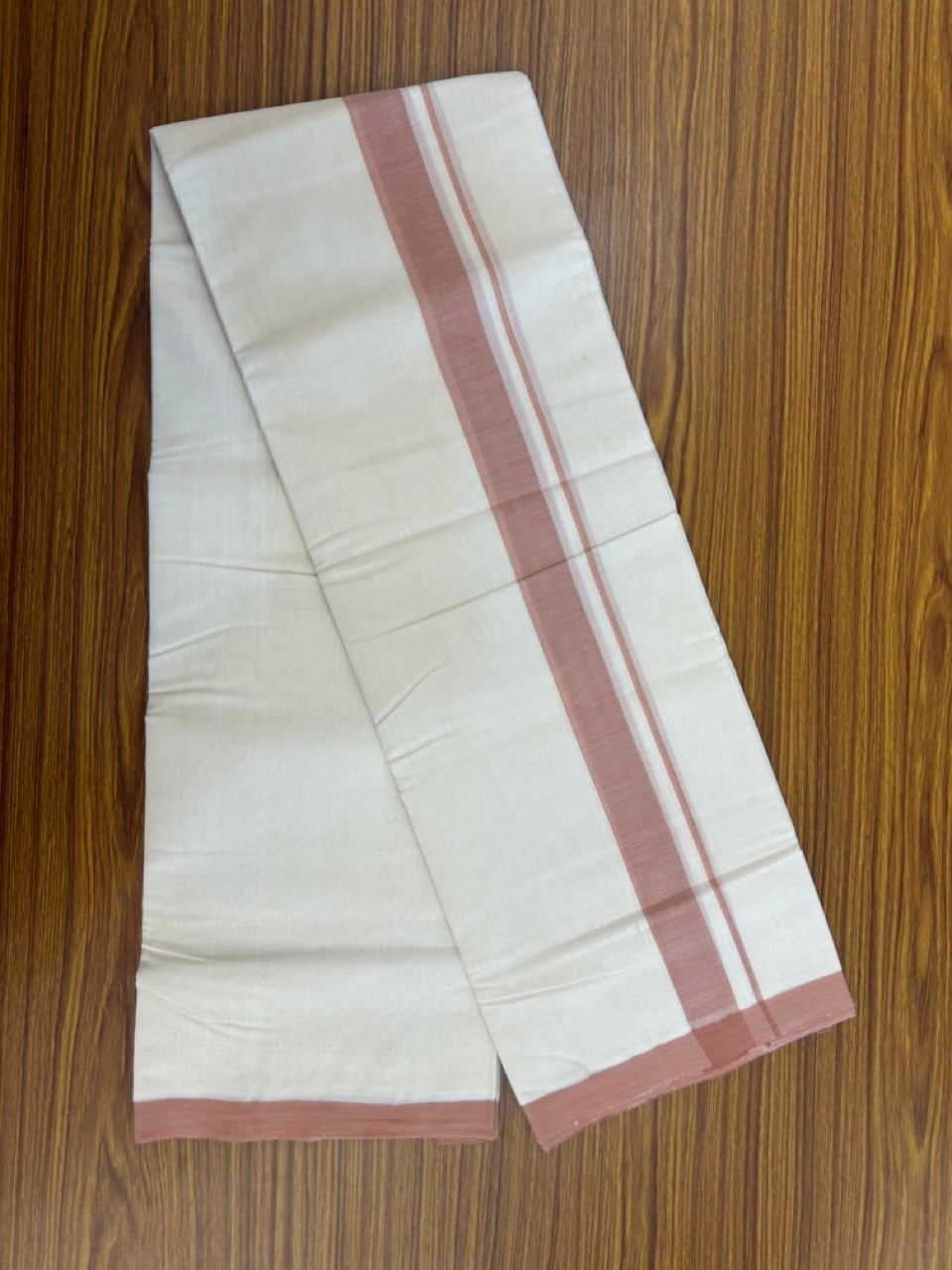 25% Discount! KaithariKada Handloom Millpaav Balaramapuram - Cotton Double Mundu/Dhoti Off white (Unbleached) - 80x90 - 1.25 inch Dusty Peach Mulloth Kara 3.60 meter (8 Muzham) - 51 KK5256 RAM