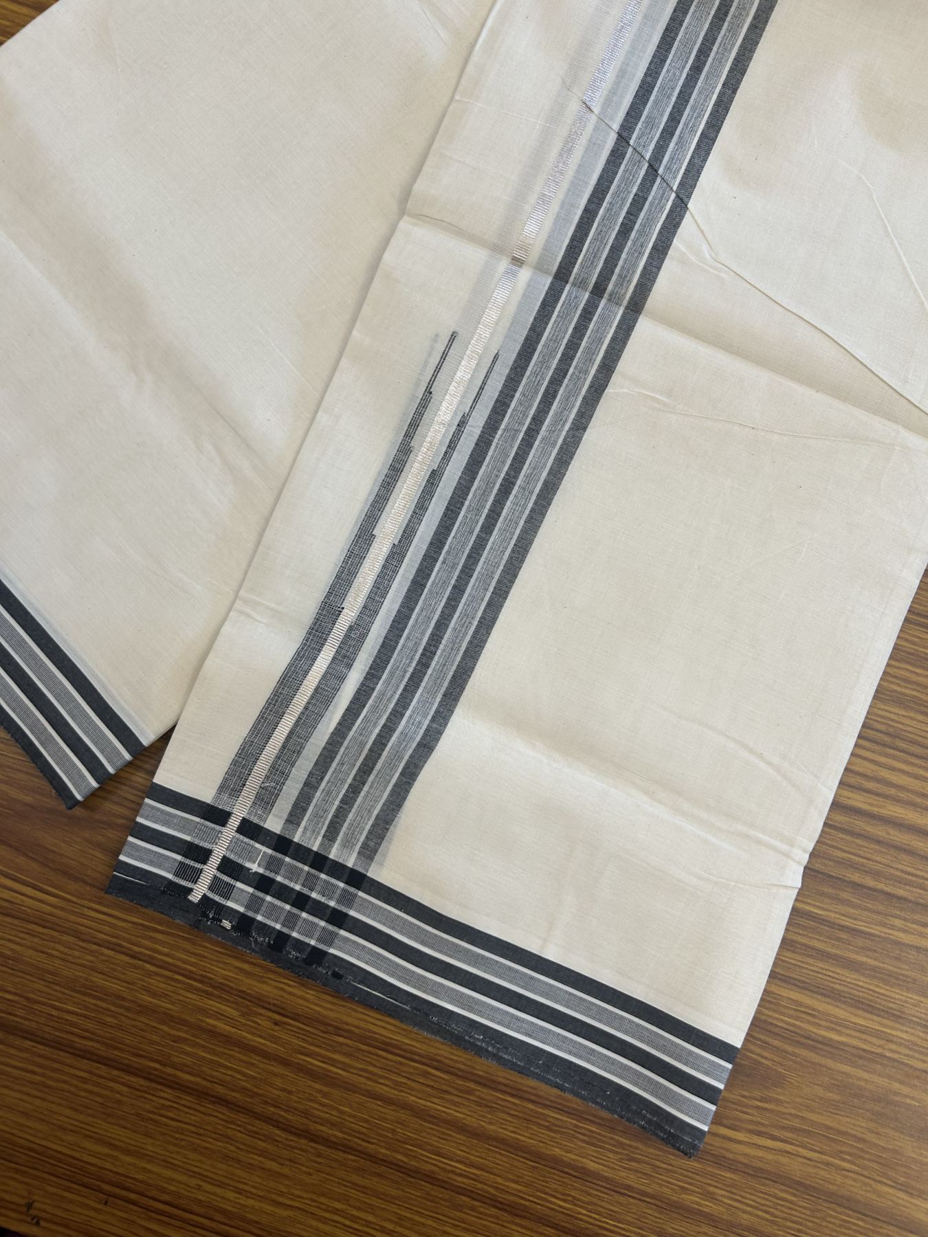 20% Discount ! Kaitharikada Balaramapuram 100% Pure Cotton Double Off white (Unbleached) Mundu/Dhoti - 100x80 - 1.25 inch Silver Kasav & Black Shaded Stripes Chutty Kara 3.90 mtr (8 muzham) - 47 KK5313 PMC