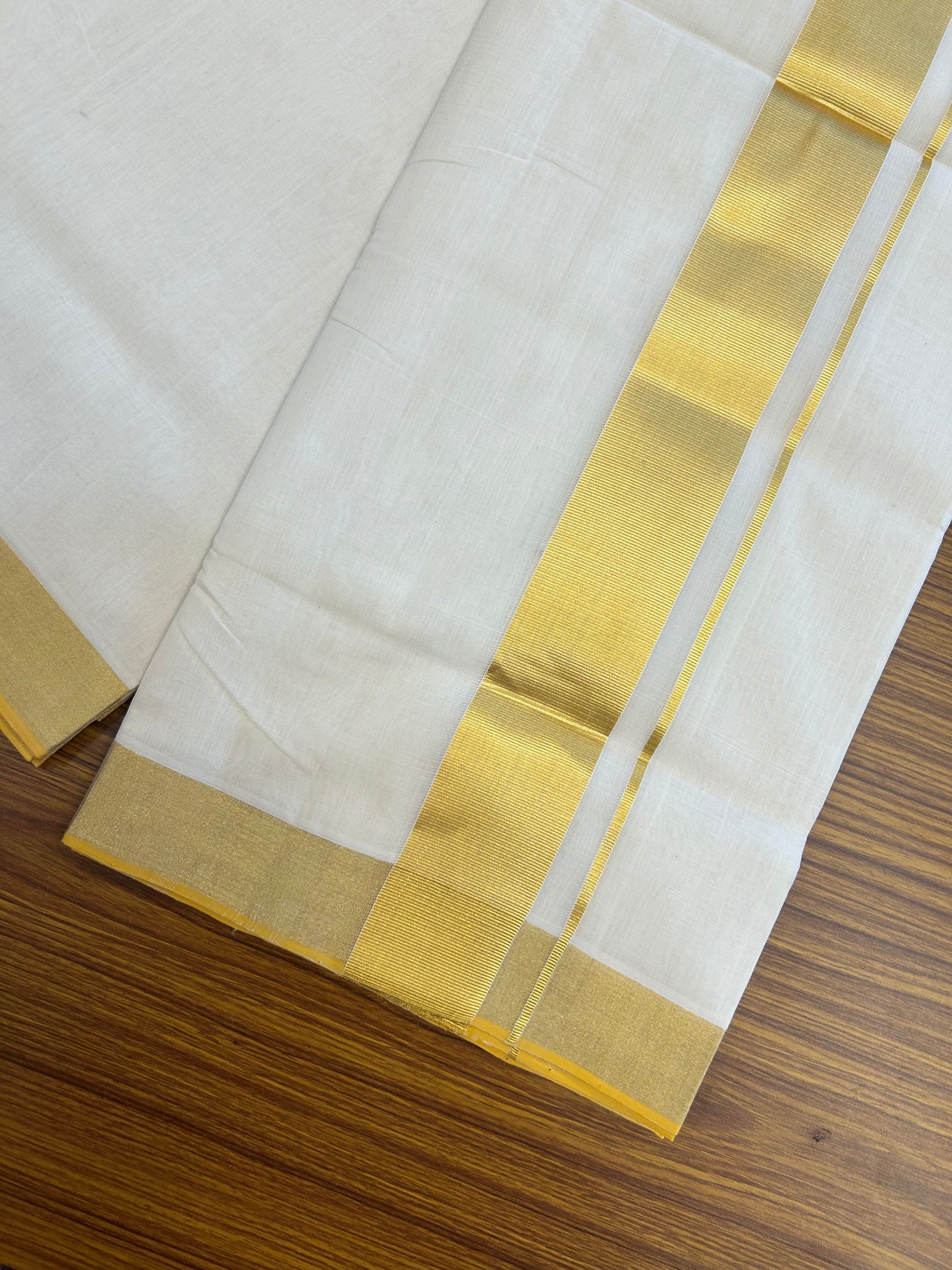 25% Discount ! KaithariKada Handloom Unakkupaav Kerala Handloom - 100% Pure Cotton Off White - (Unbleached) Double Mundu/Dhoti - 2 inch Gold Kasav Kara 4 M (8.5 muzham) - 10 KK5370 ABH