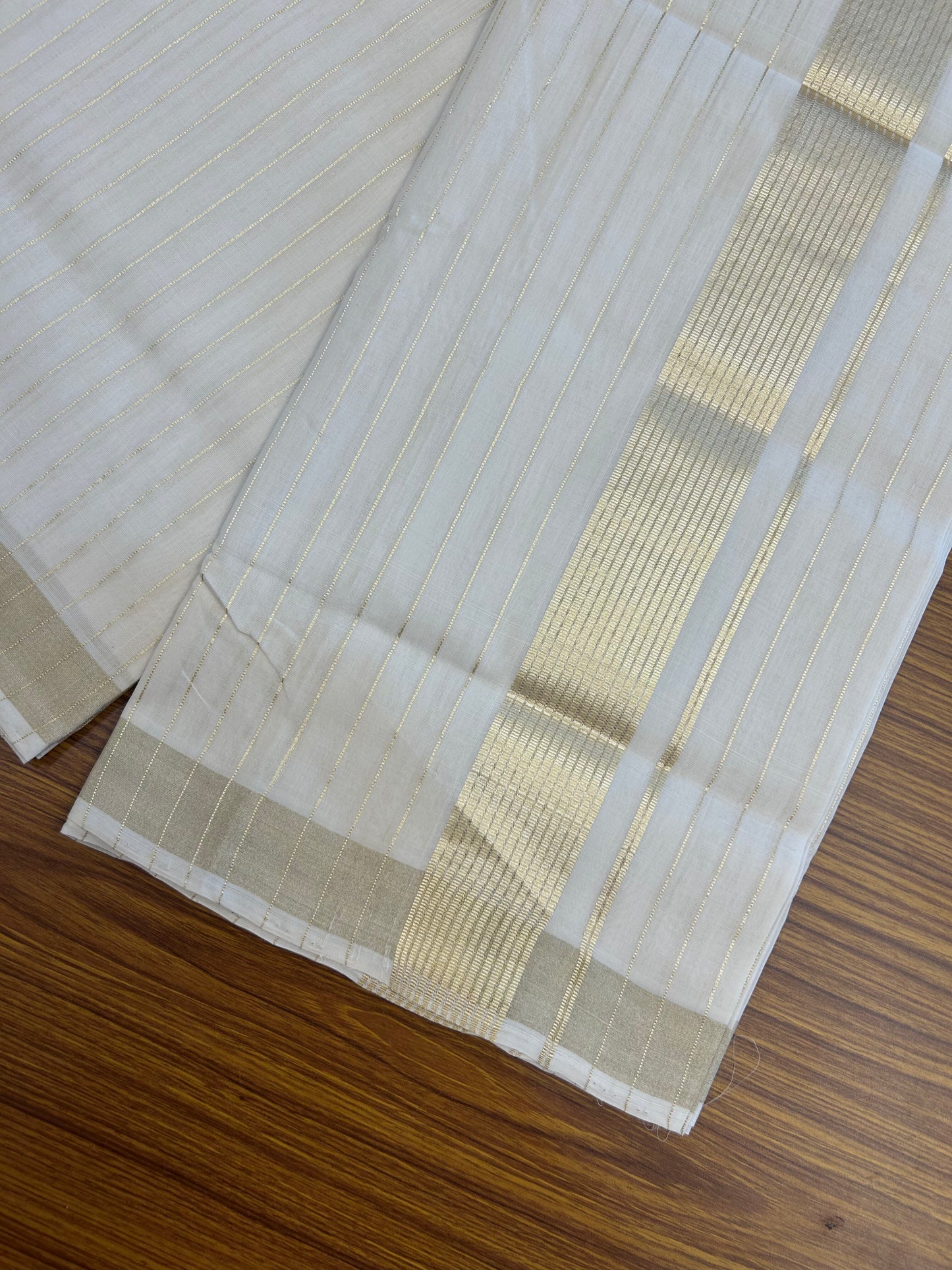 25% Discount ! KaithariKada Handloom Unakkupaav Kerala Handloom - 100% Pure Cotton Off White - (Unbleached) Double Mundu/Dhoti - 100x80 - 2 inch Gold Kasav Full Body Striped Kara 4 mtr (8.5 Muzham) - 11 KK5370 ABH